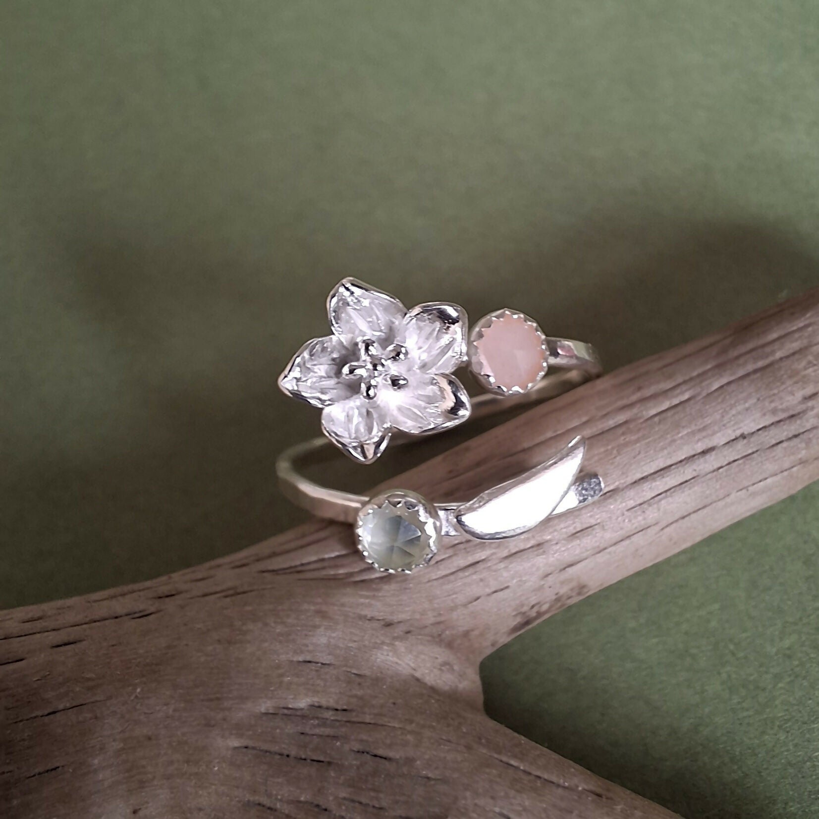 Handmade Adjustable Flower Ring With Moonstone & Prehnite