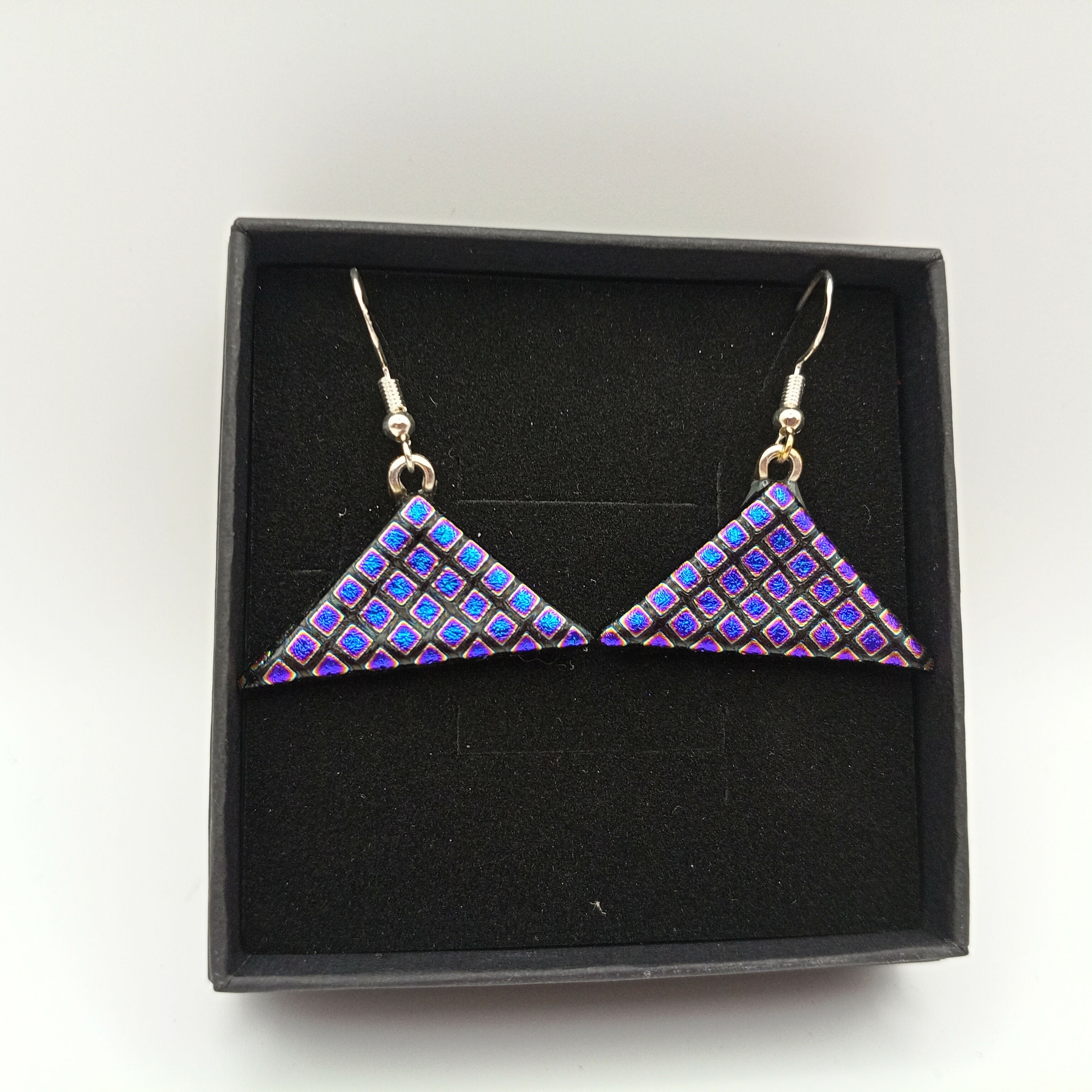Purple Spotted Triangular Dichroic Earrings