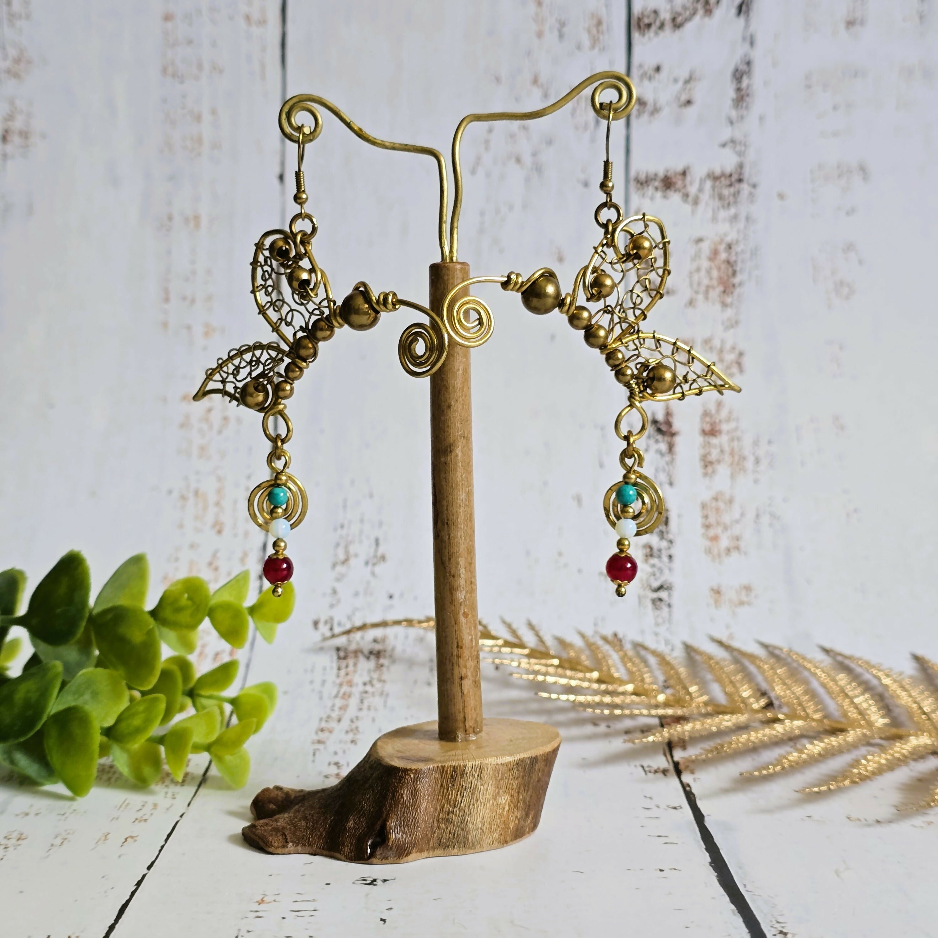 Handmade Butterfly Earrings; Intricate Wire Art With Turquoise, Moonstone & Rubellite Crystals