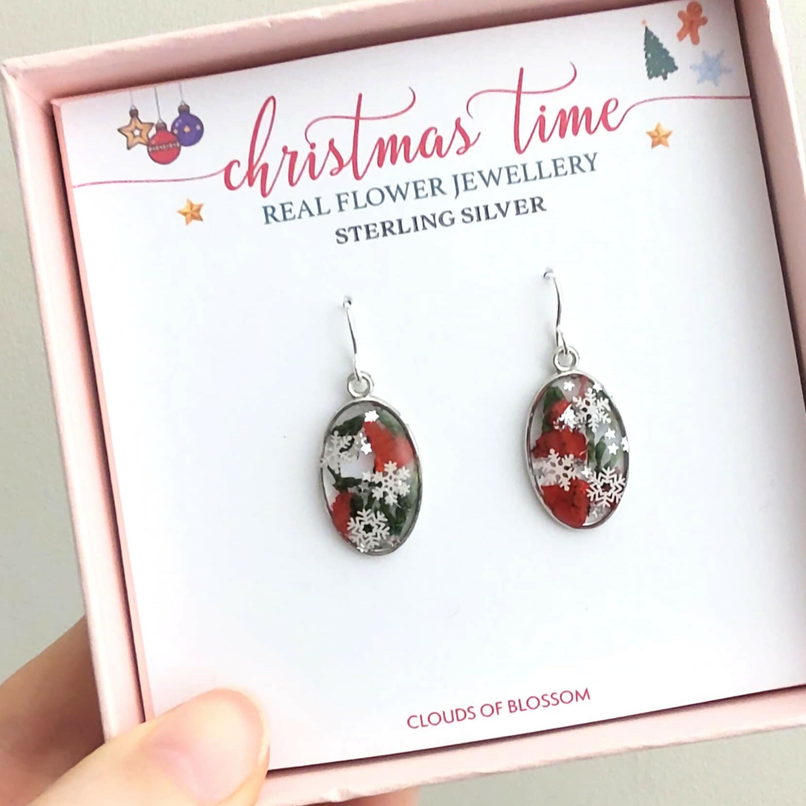 Real Christmas Tree Leaves Snowflake Earrings Sterling Silver