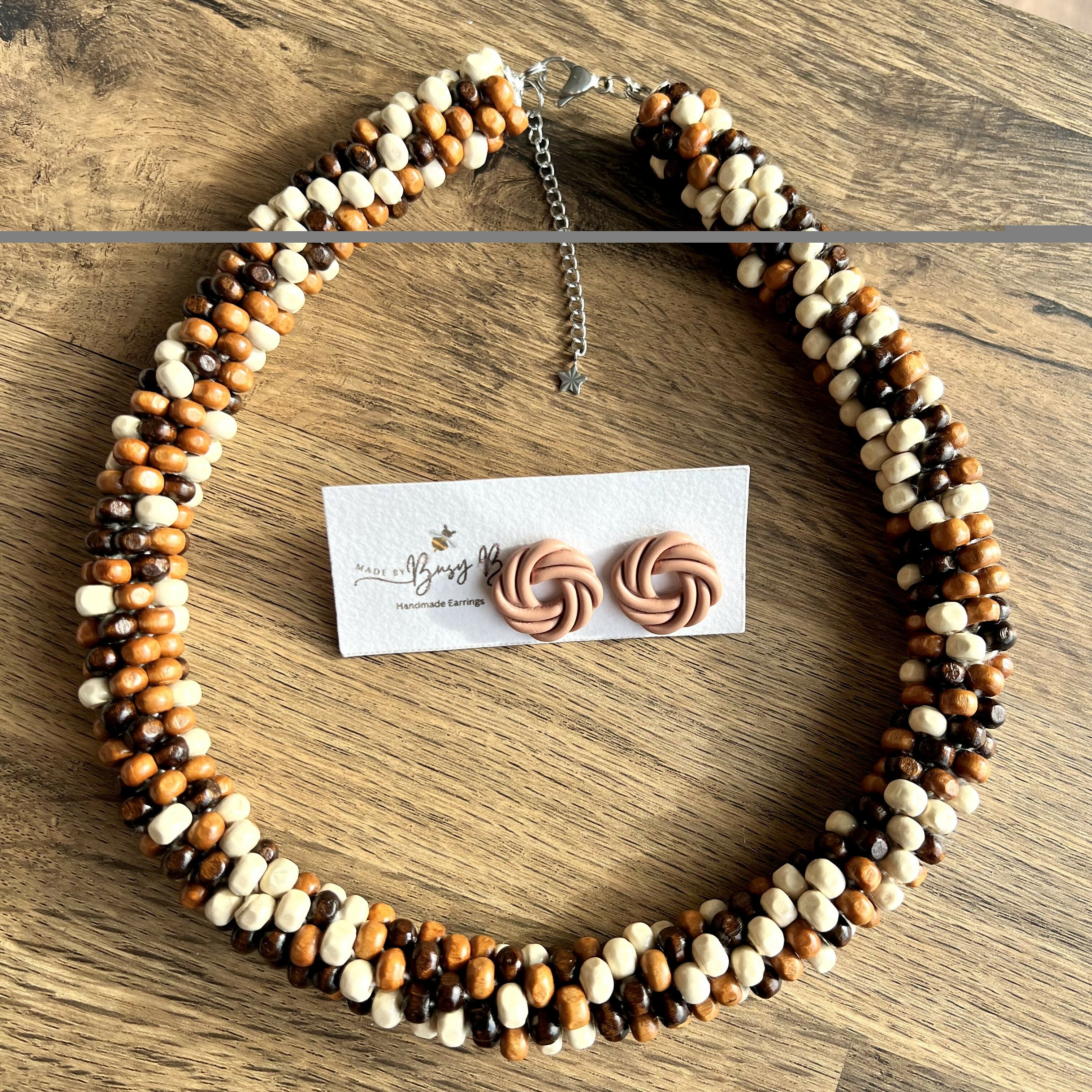 Boho Chic Wood Beads Choker/ Handmade Multicolour Necklace with FREE pair of studs