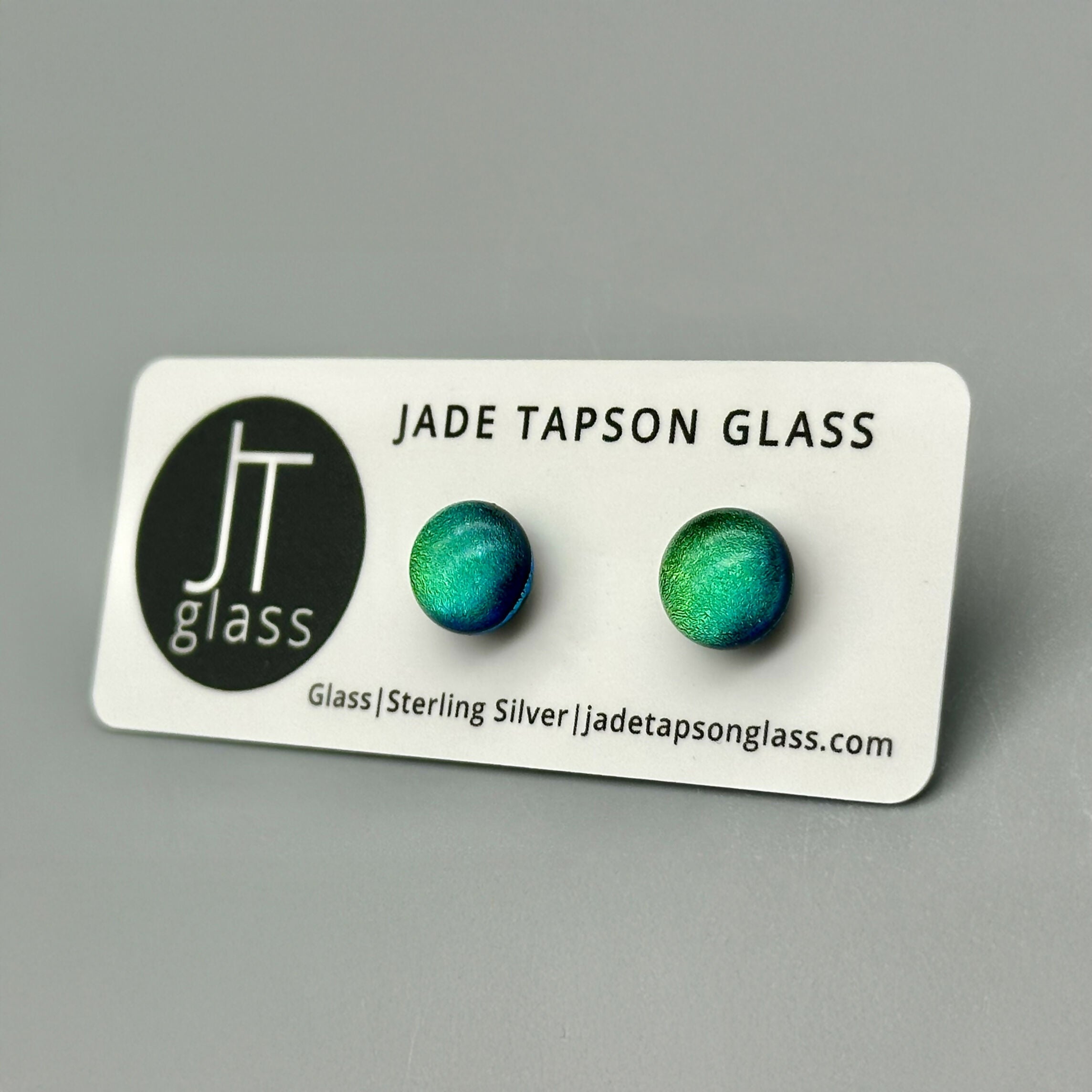 Green Dichroic Fused Glass Sterling Silver Stud Earrings - Handmade by Jade Tapson Glass.