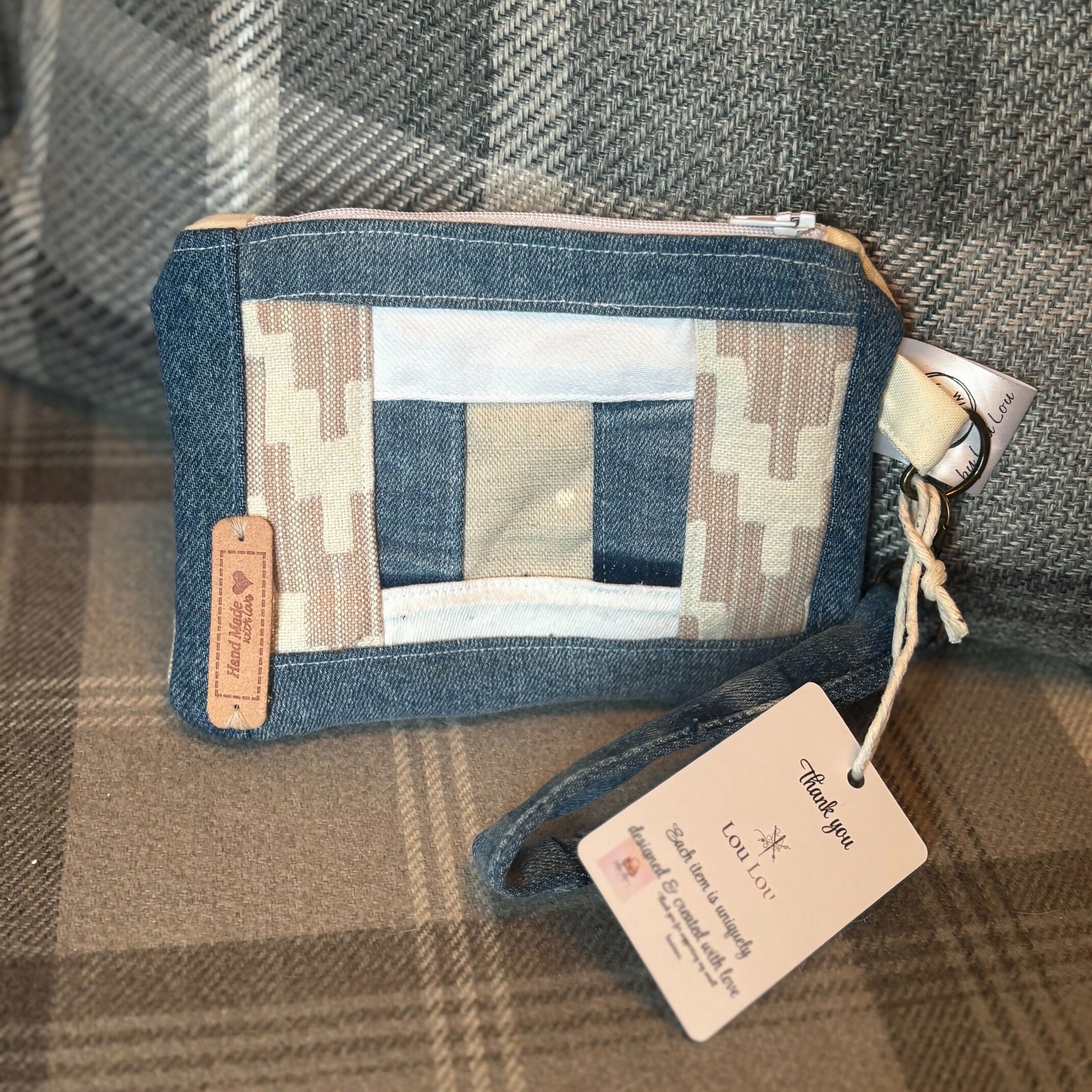Unique Handcrafted Patchwork Purse Wristie Made From Upcycled Jeans And Dog Print Fabric