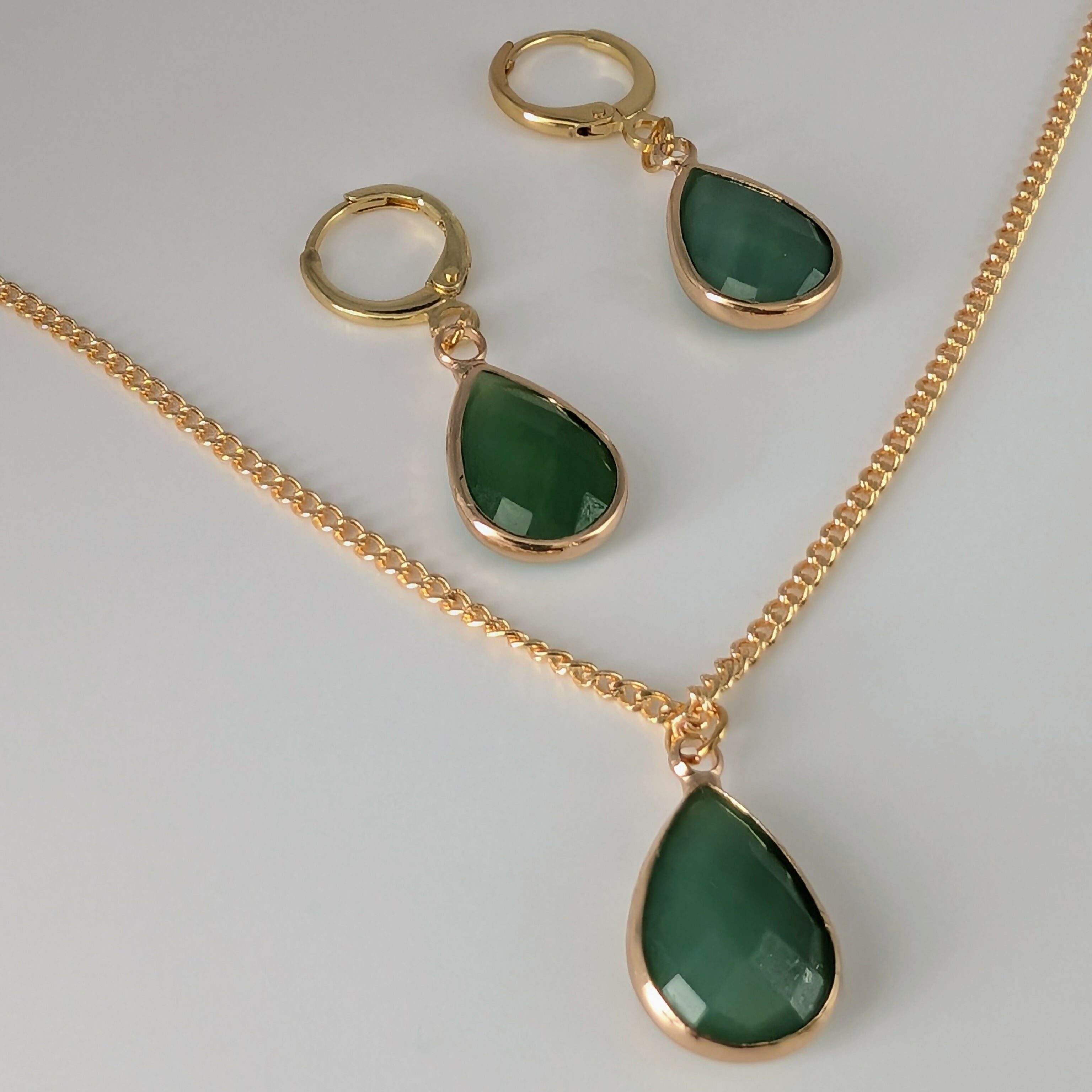 Green Jade Faceted Teardop Gold Plated Huggie Earrings