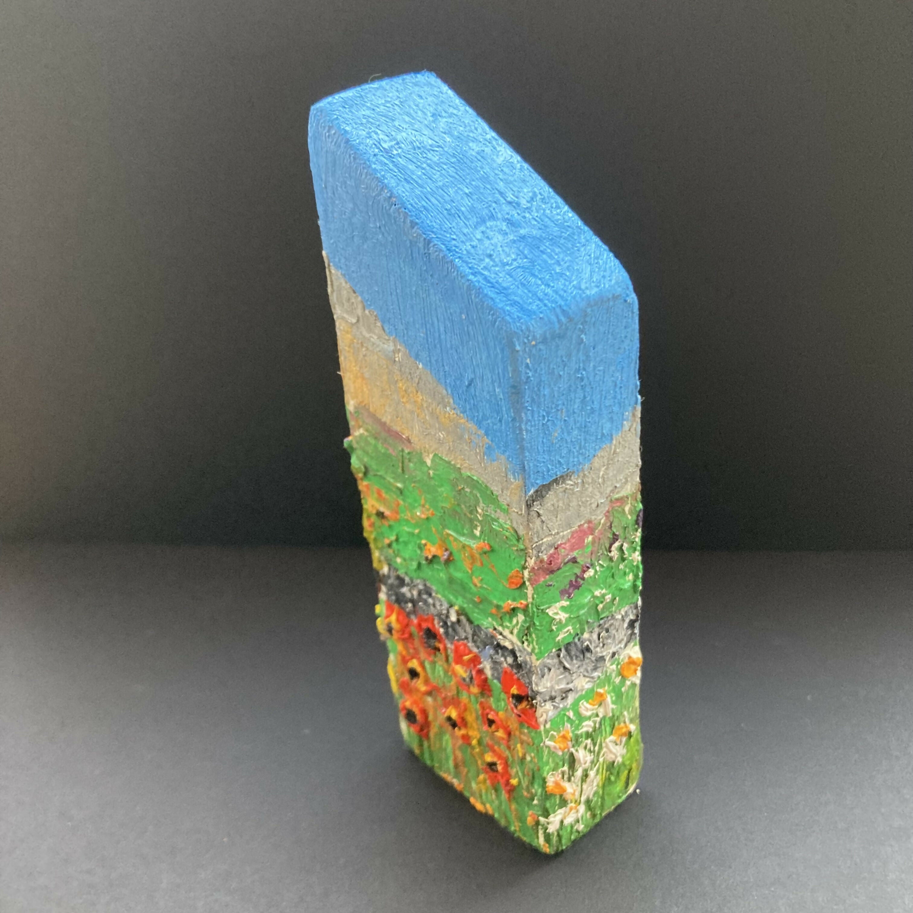 Stone Wall Heather & Poppies Oil Painting Wooden Block
