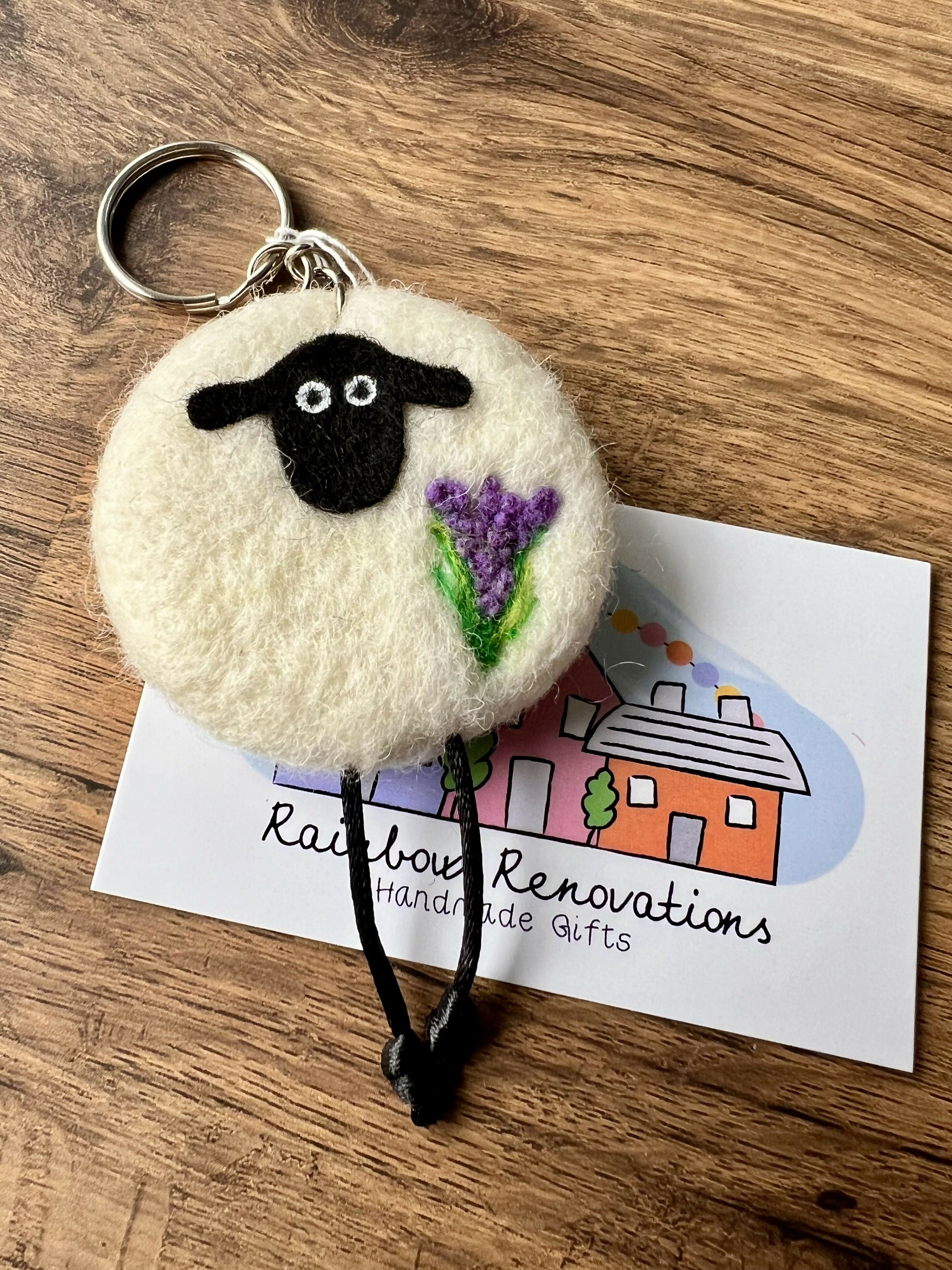 Felted Sheep with Flower Keyring