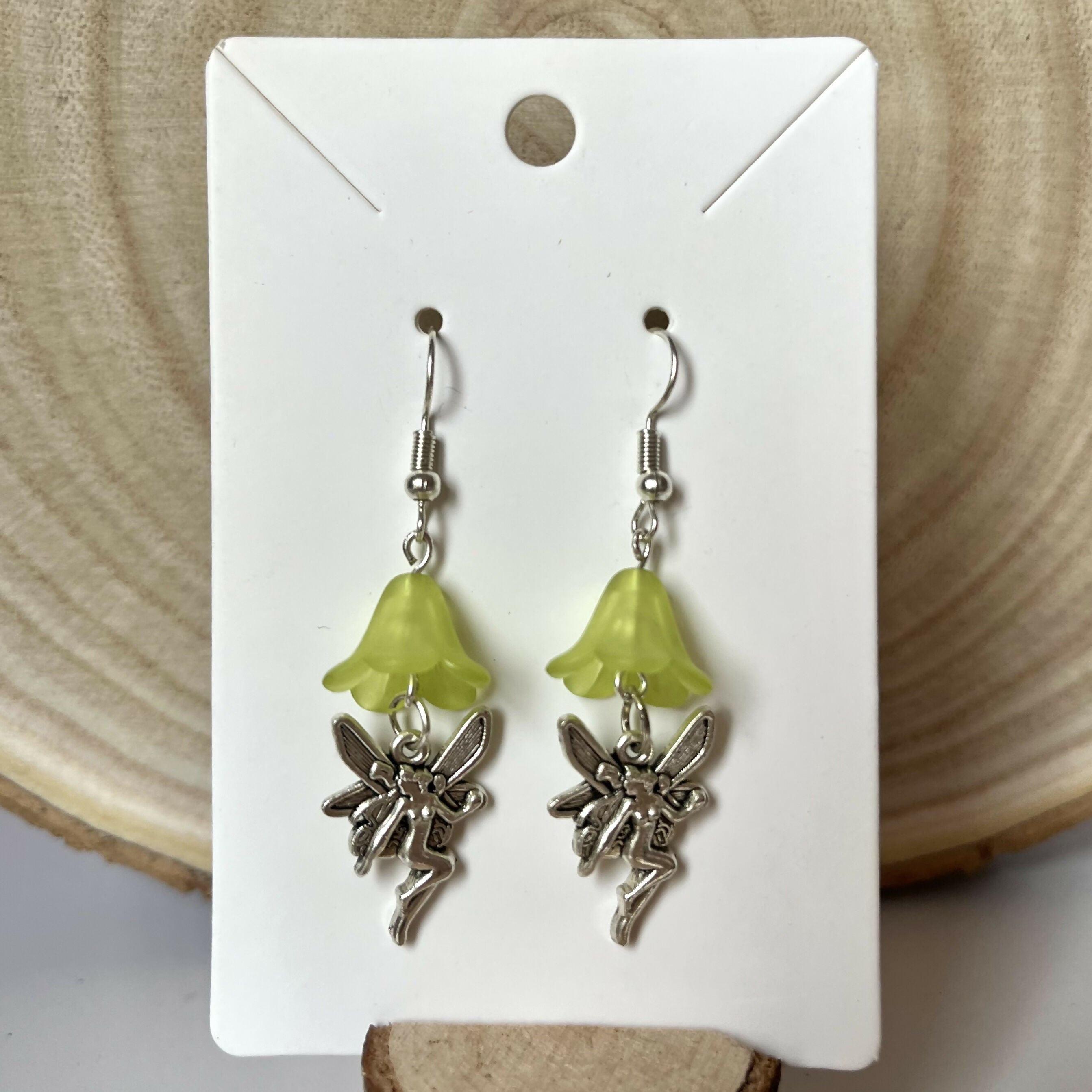 Green Flower Fairy Charm Earrings Silver