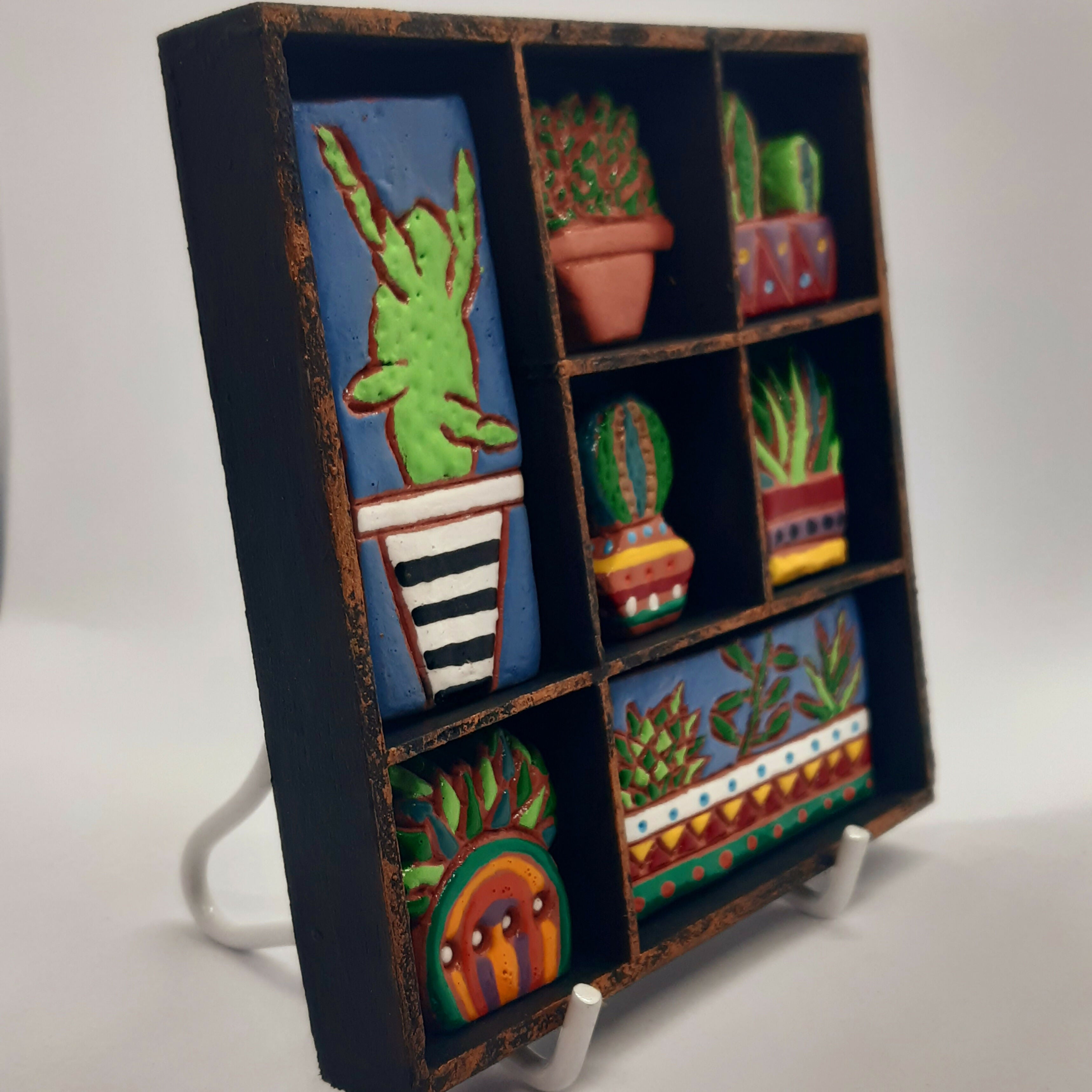 Clay Cacti, Succulent and Plant Small Wooden Black Painted Trinket Tray