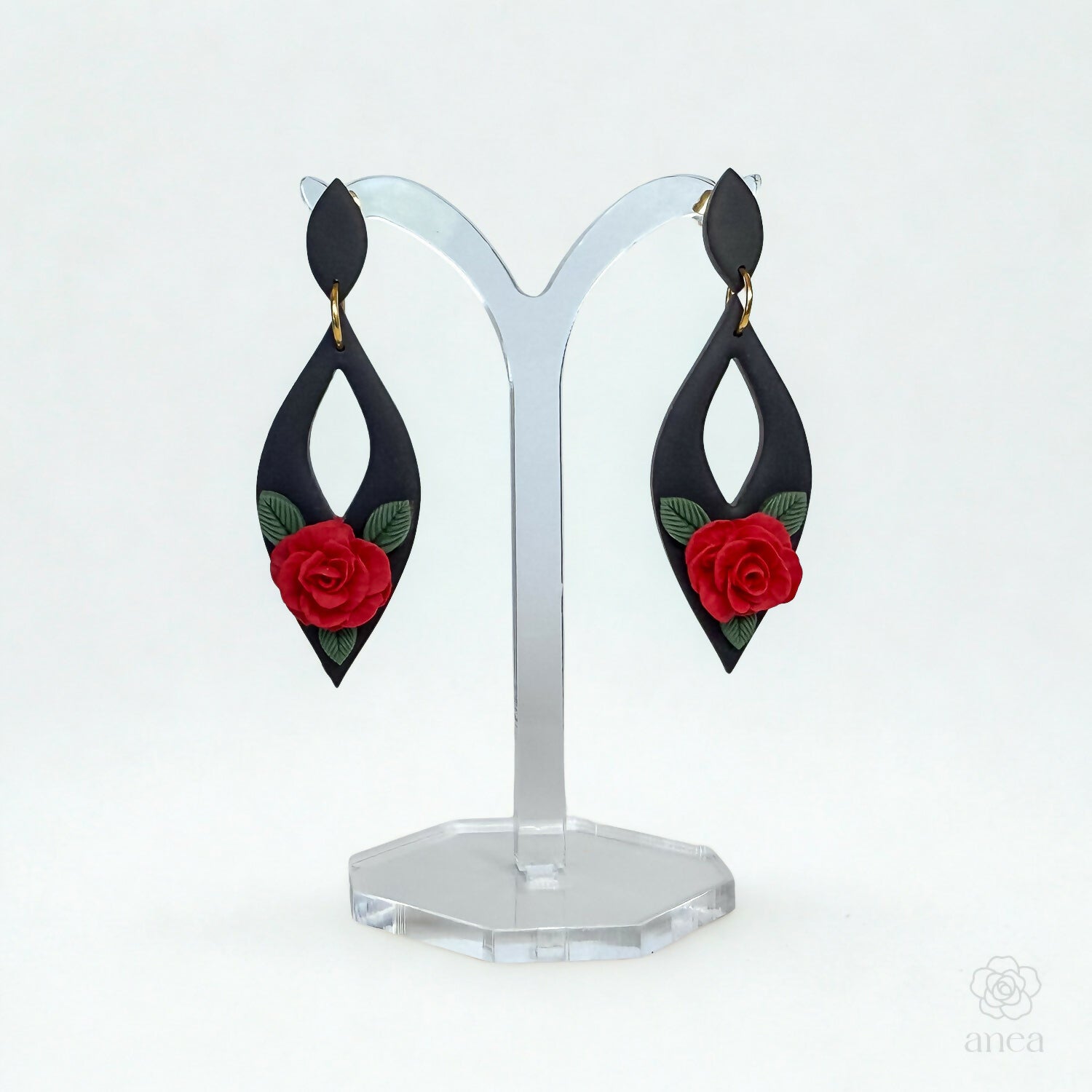 Black Drop Earrings with Hand-Sculpted Red Rose and Floral Detail