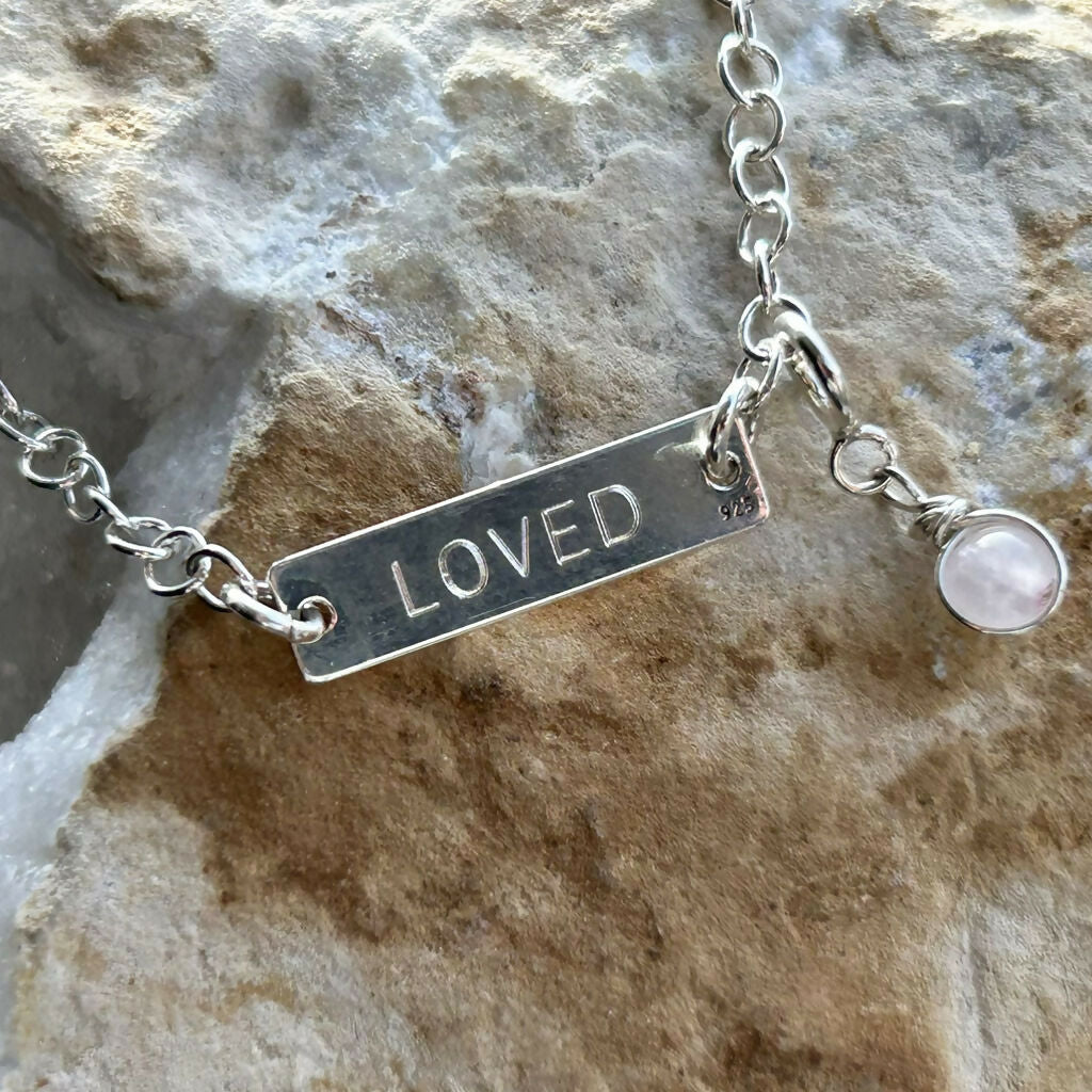 Handmade Sterling Silver 'I Am Loved' Rose Quartz Charm Bracelet