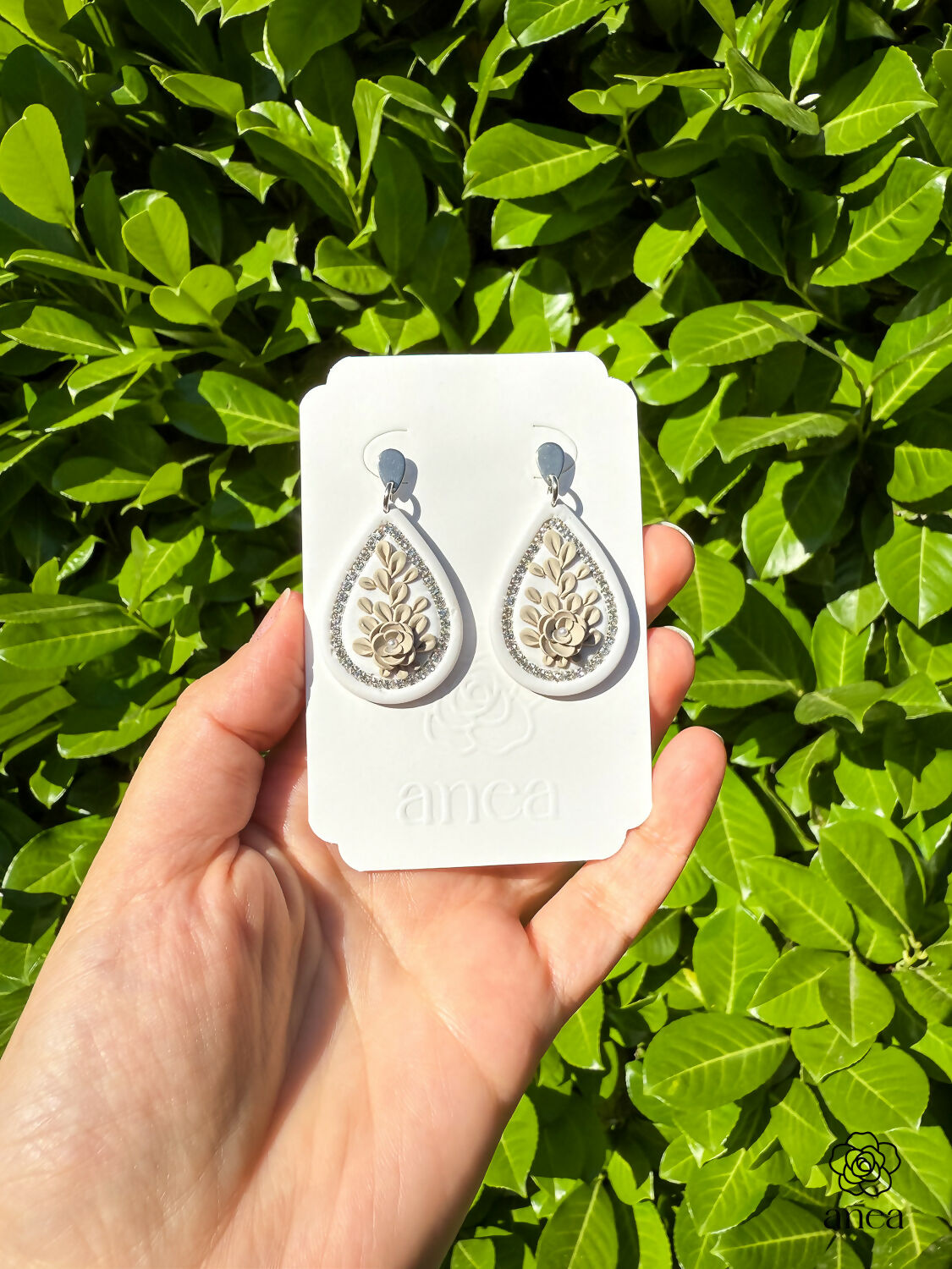 Floral Teardrop Earrings with Rhinestone Detail in Ivory