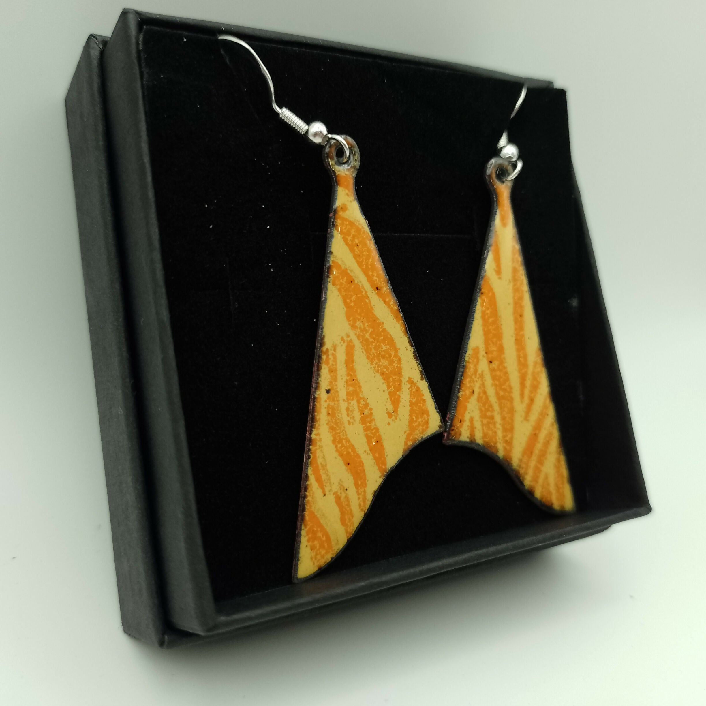 Triangular Yellow and Orange Striped Enamel Earrings