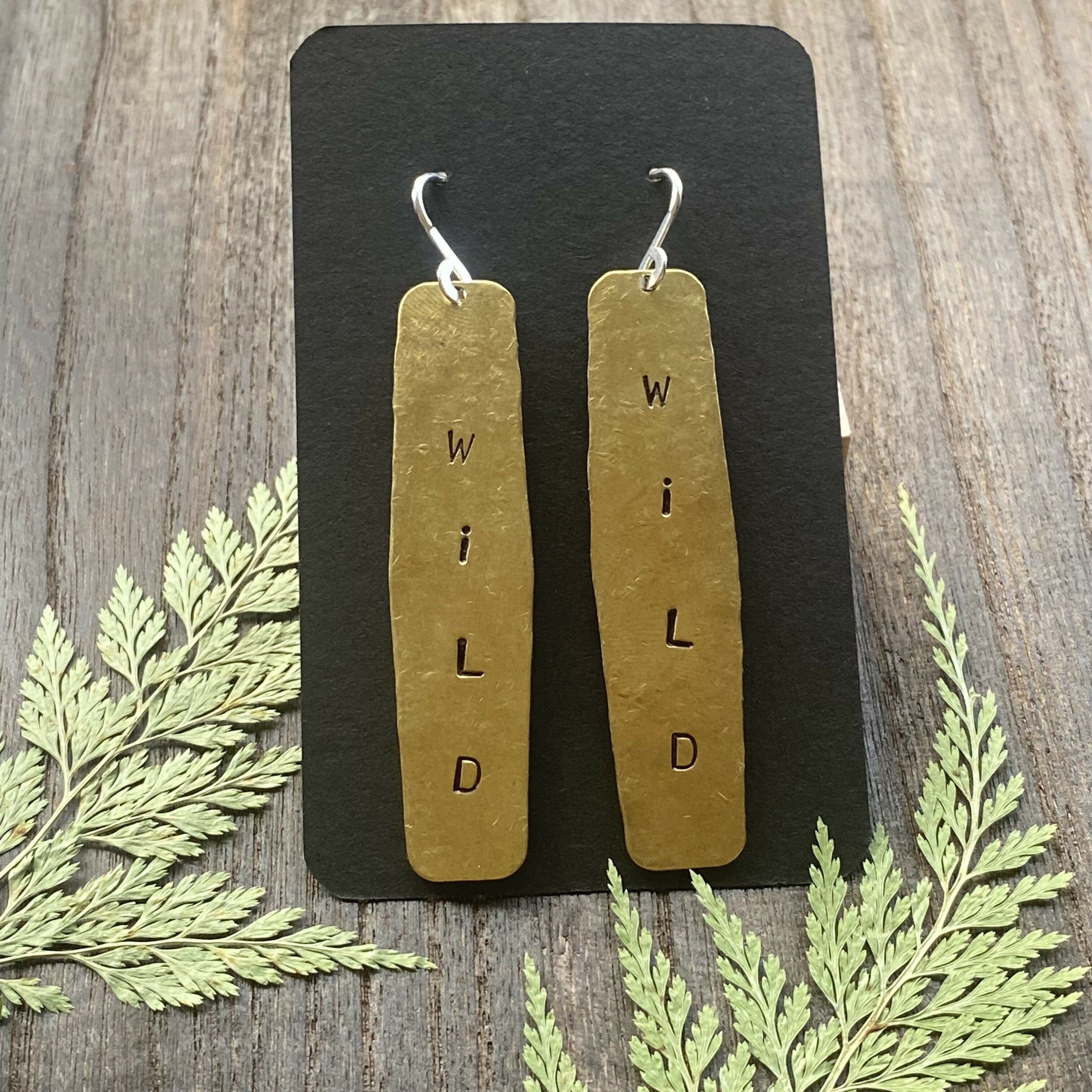 WILD HAND-STAMPED BRASS LONG STATEMENT EARRINGS