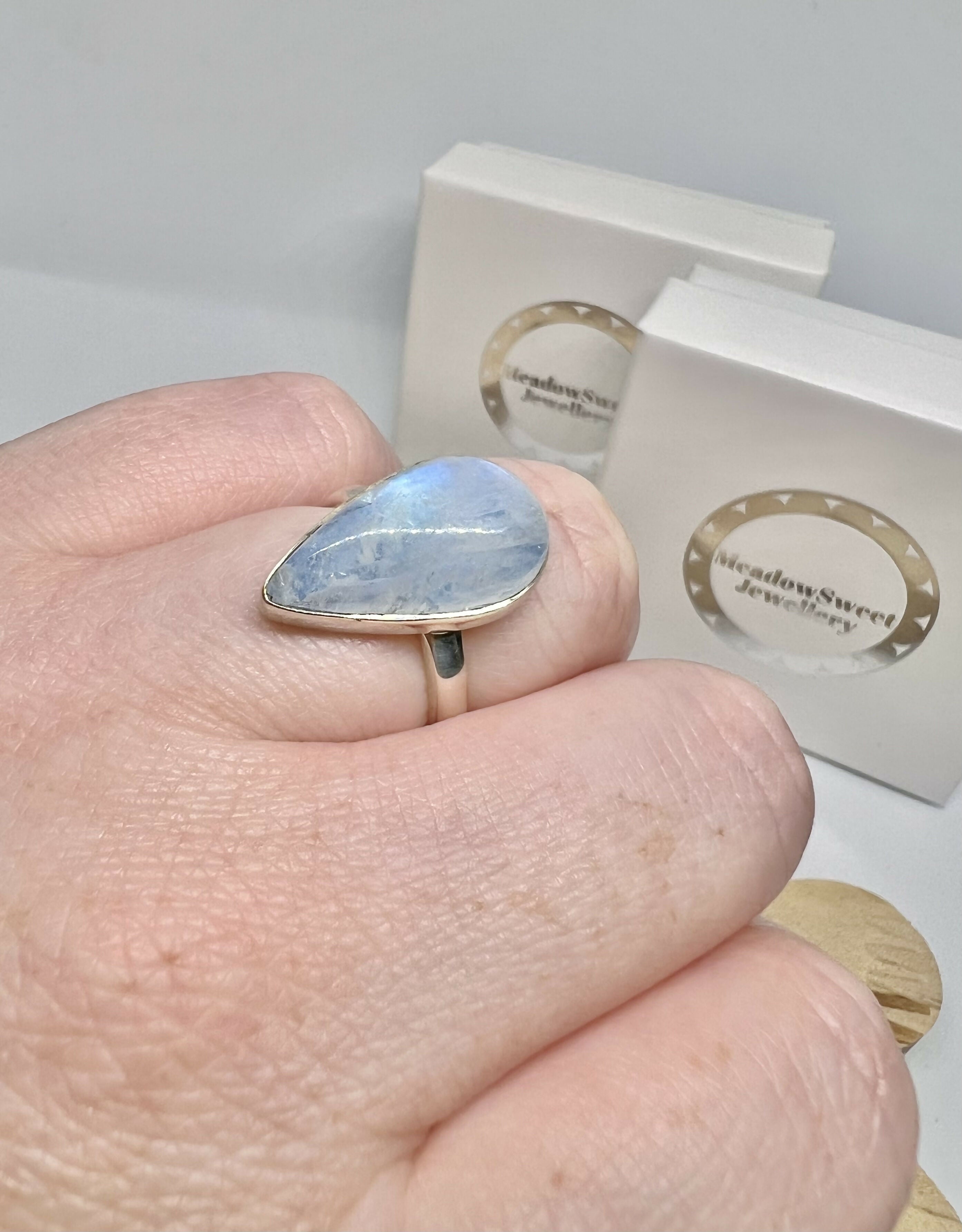 Blue moonstone teardrop ring size N 1/2