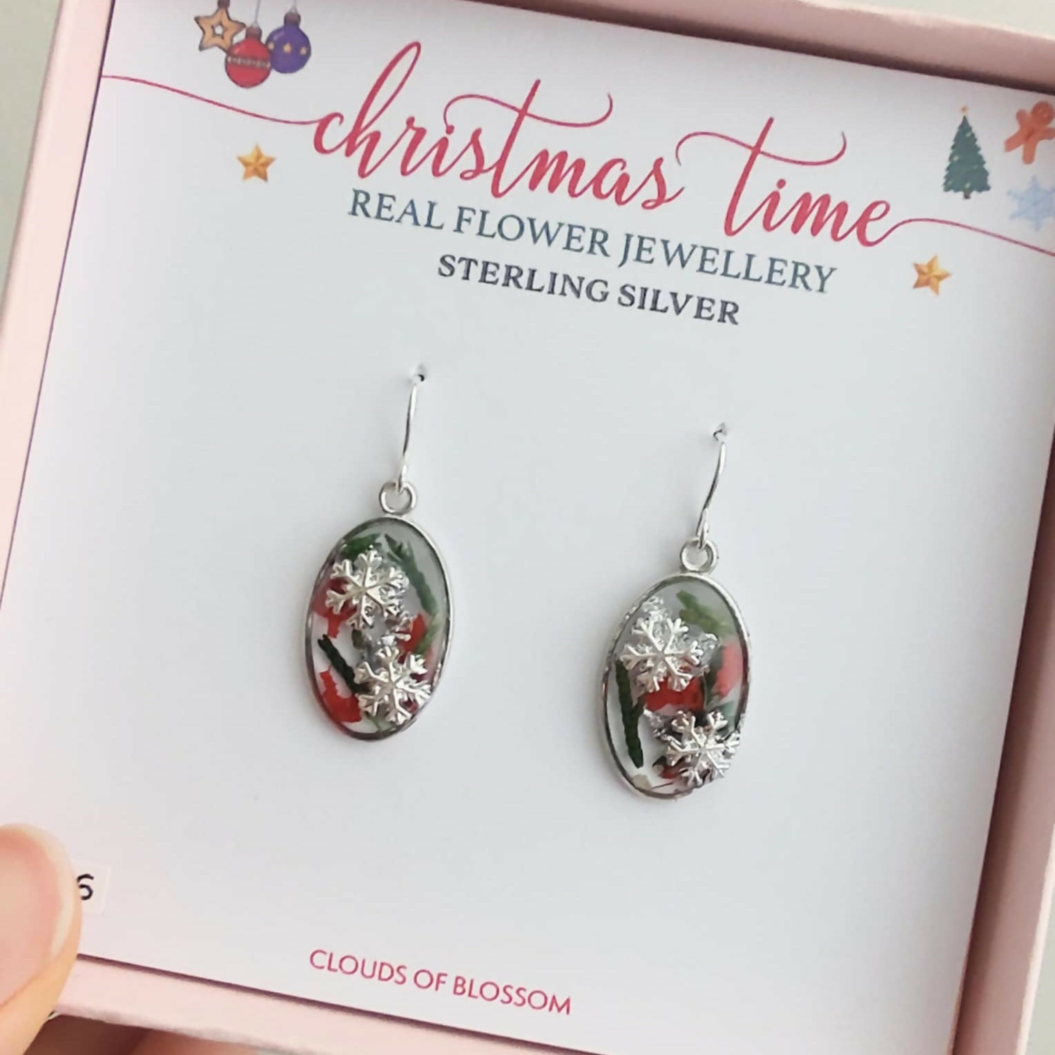 Real Christmas Tree Leaves Snowflake Earrings Sterling Silver