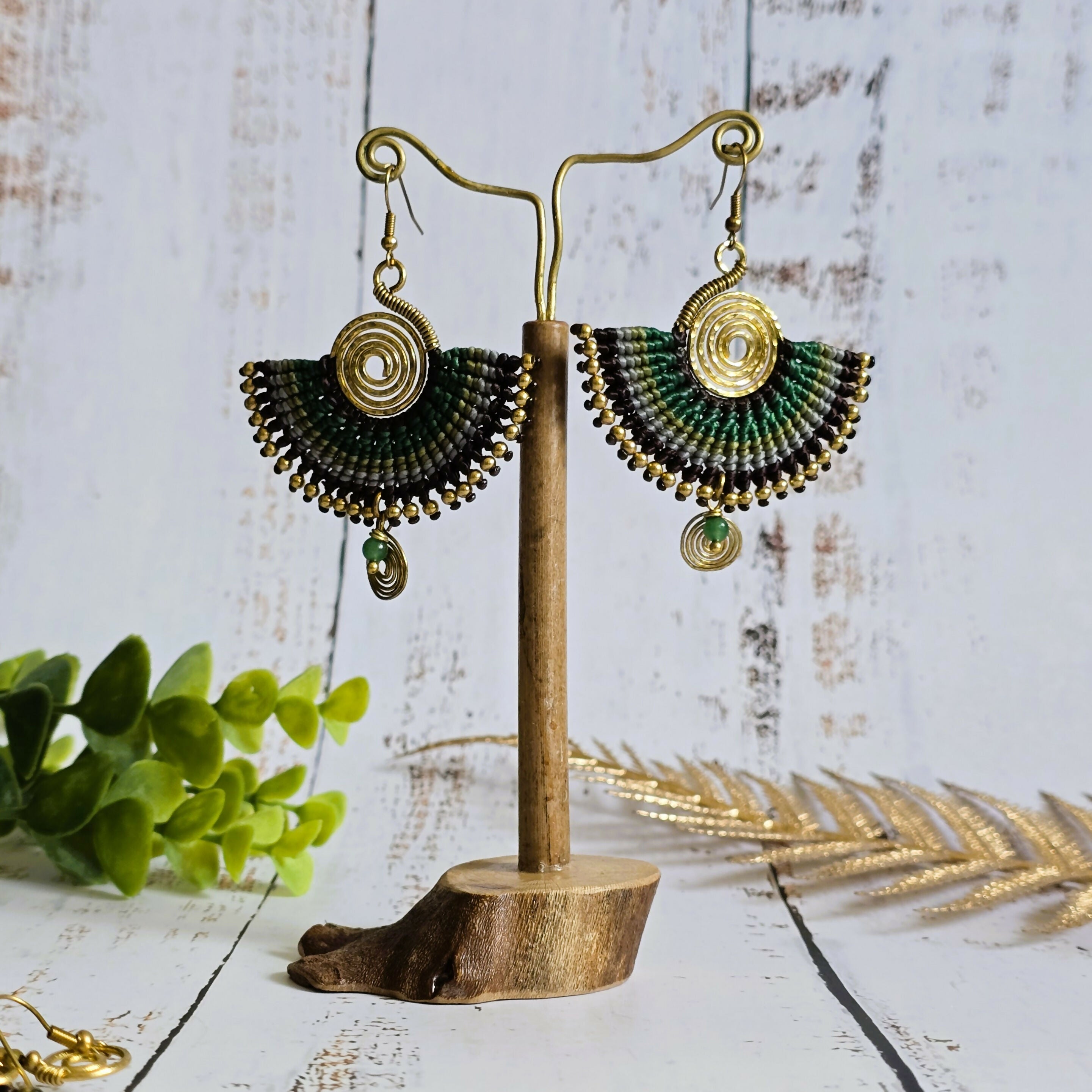 Green Jade Macramé Earrings; Boho Crystal Earrings with Gold Spiral Wire Art