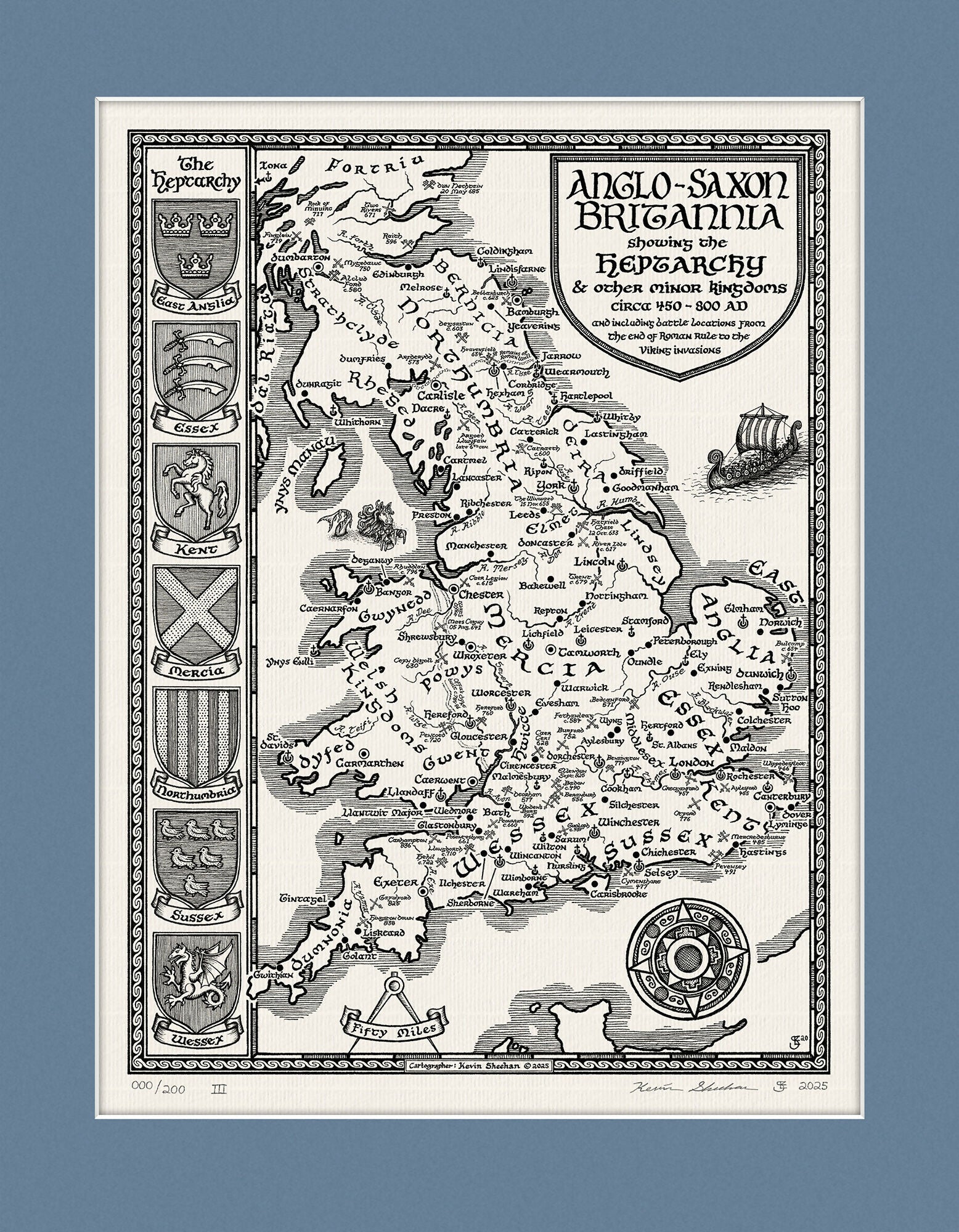 Anglo Saxon Britain Map Hand Drawn Fine Art Print