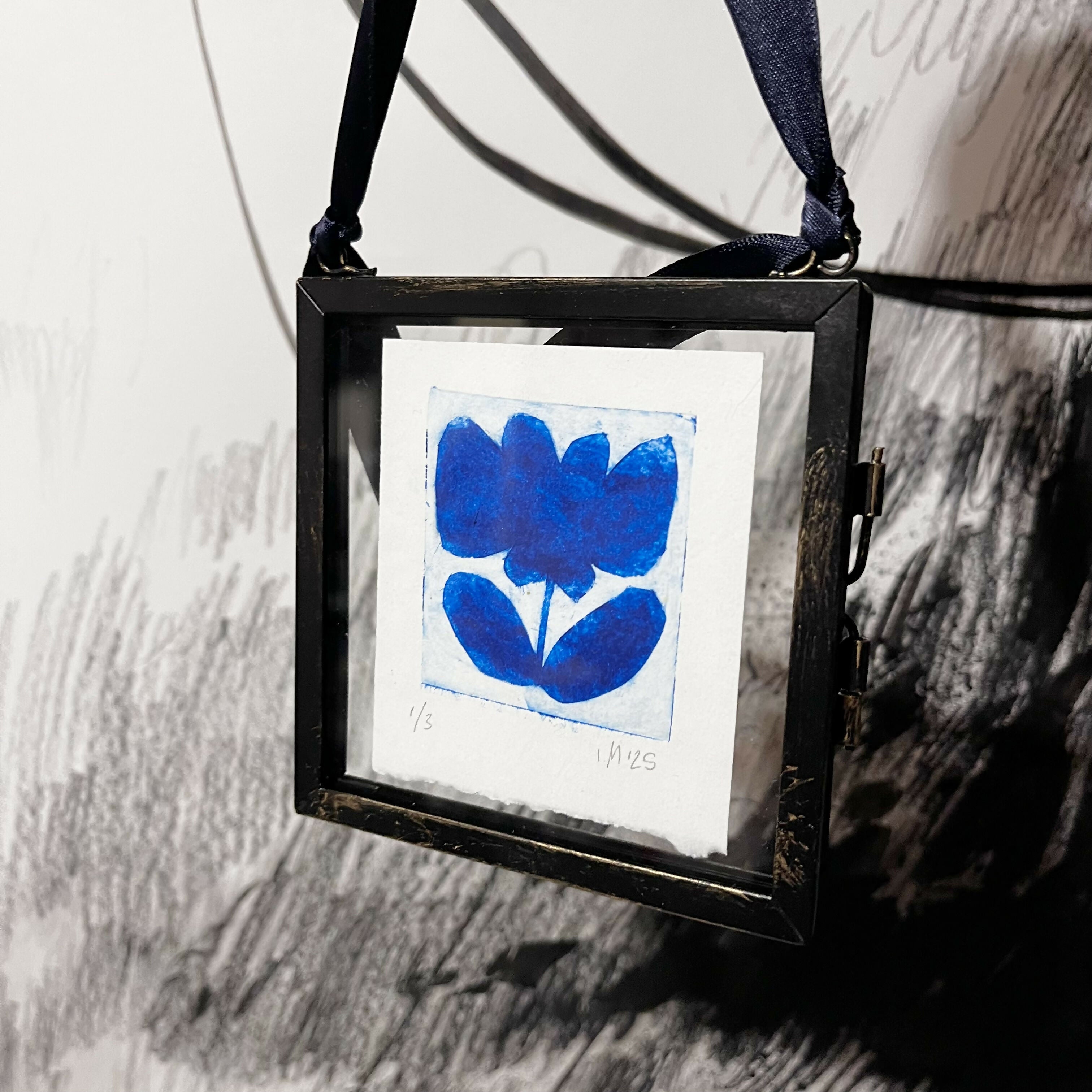 Framed Original Blue Flower Drypoint Print