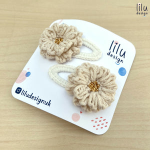 Crochet Hair Clip Set - 2 Fluffy Flower