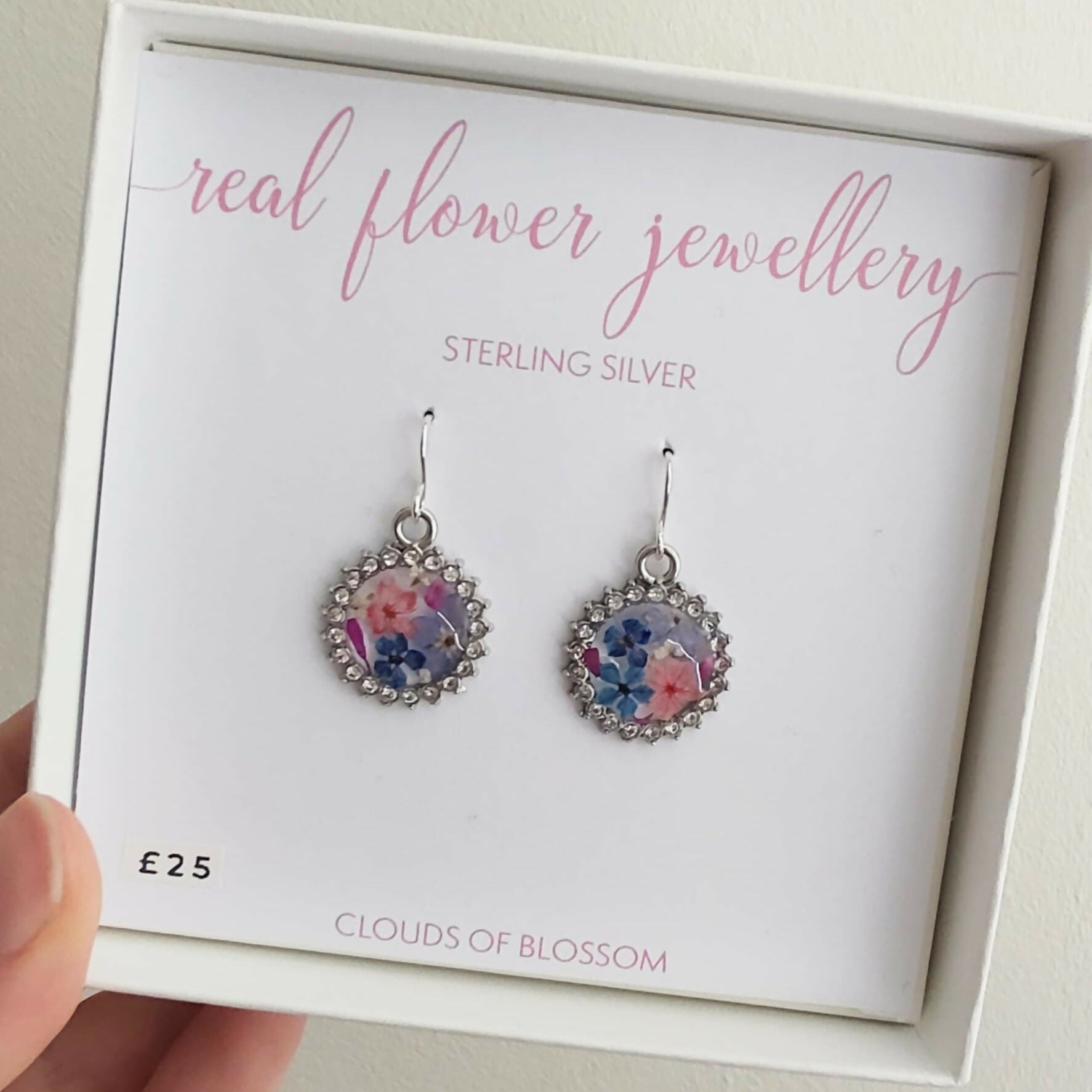 Real Flower Pink and Blue Rhinestone Circle Earrings Sterling Silver