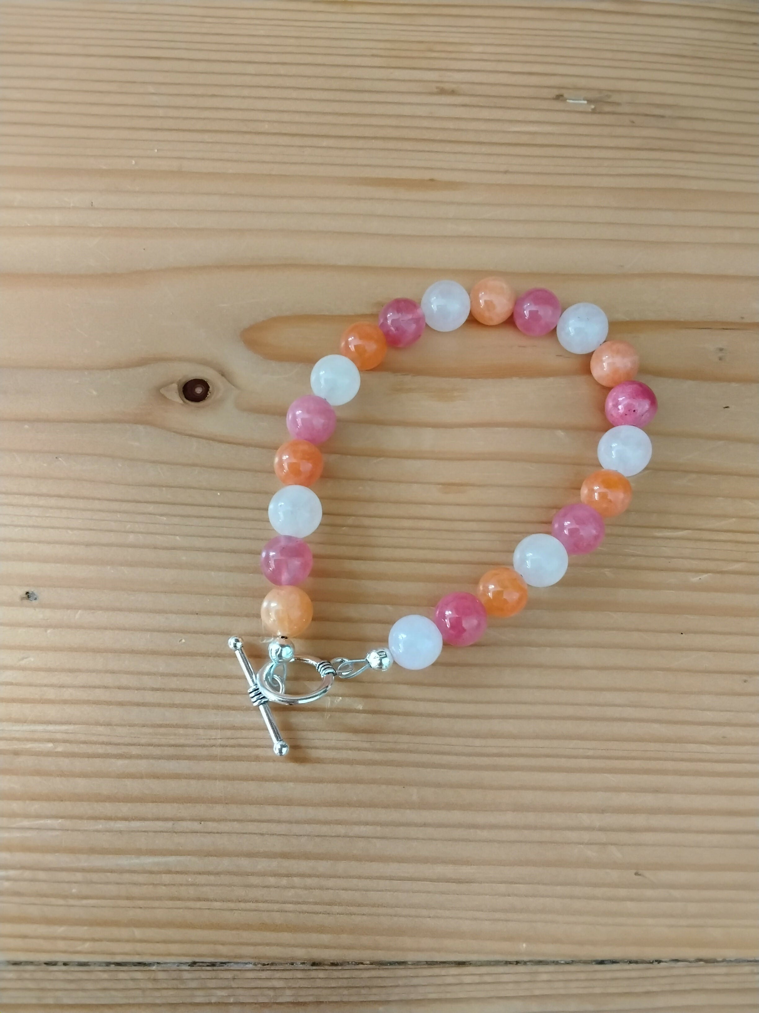 Tibetan Silver Toggle Catch Bracelet with Rose Quartz, Strawberry Quartz & Orange Chalcedony.