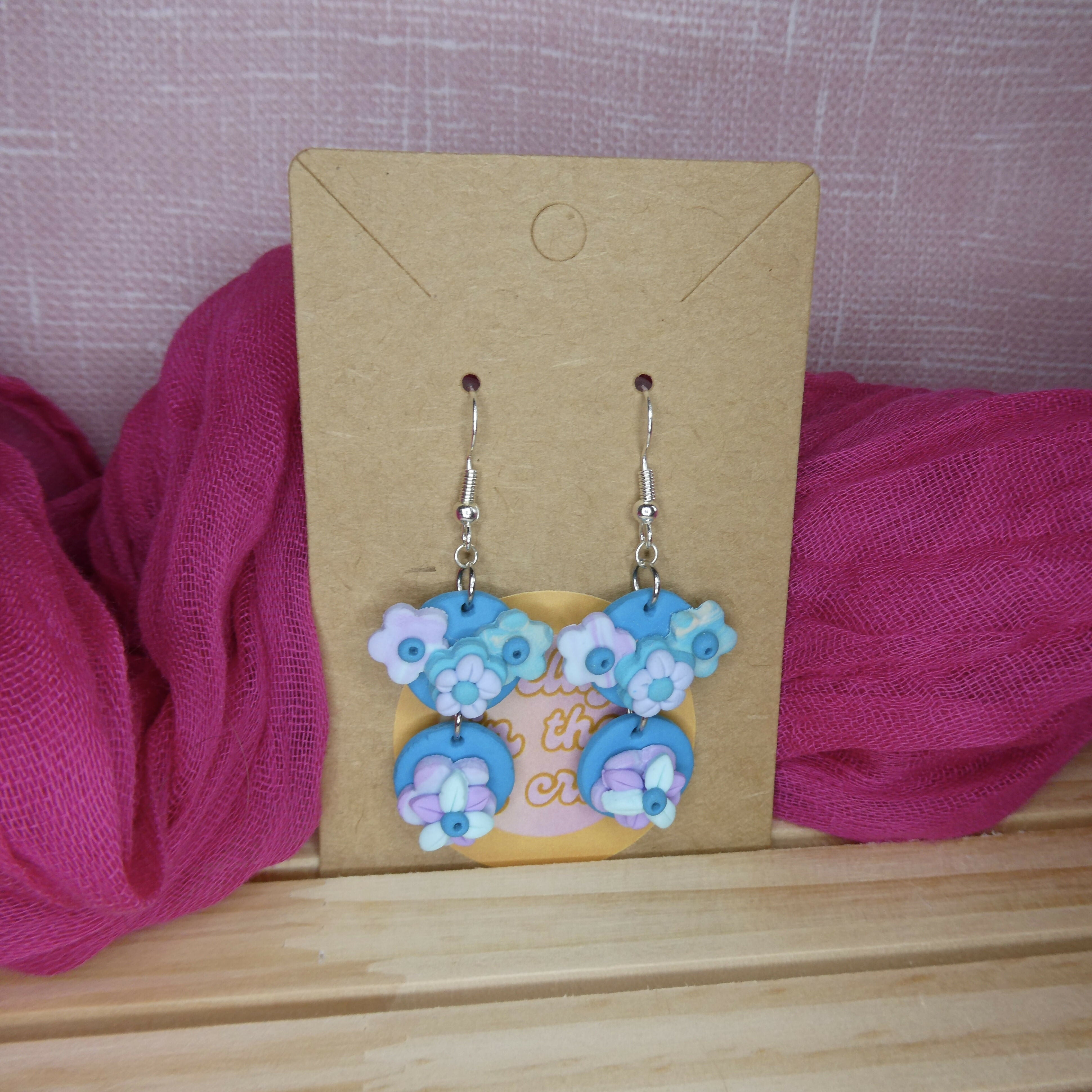 Blue 3D Floral Dangle Polymer Clay Earrings