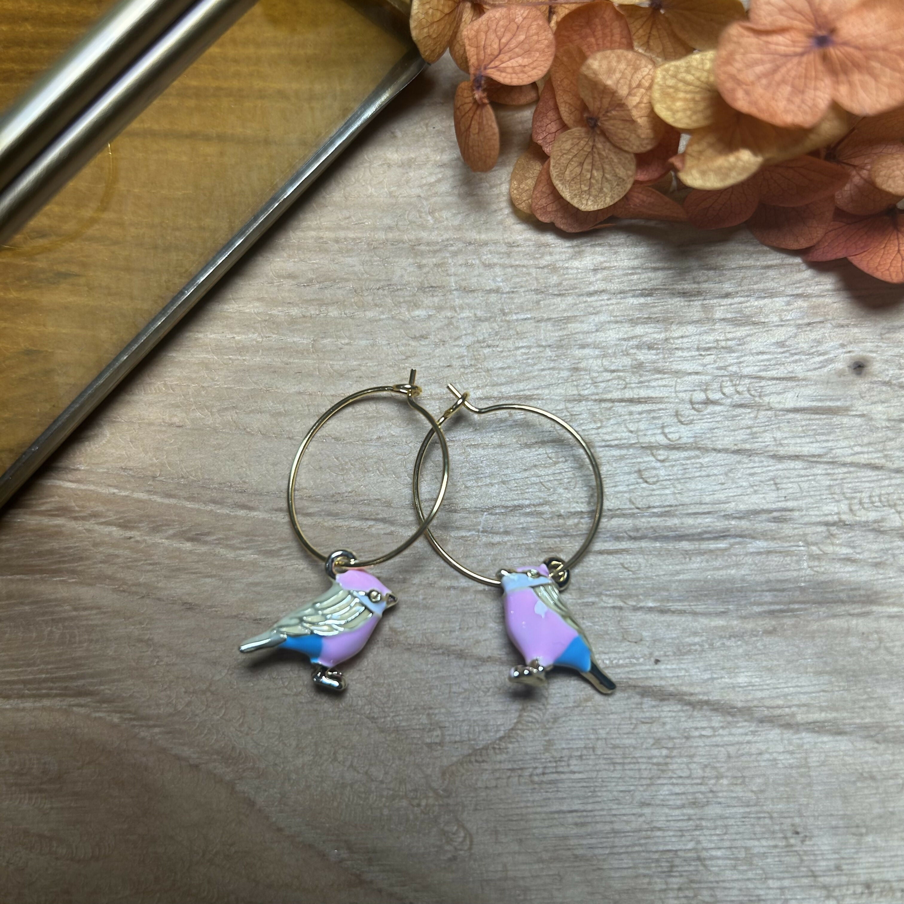 Lovely Gold Plated Enamel Bird Charm Hoops