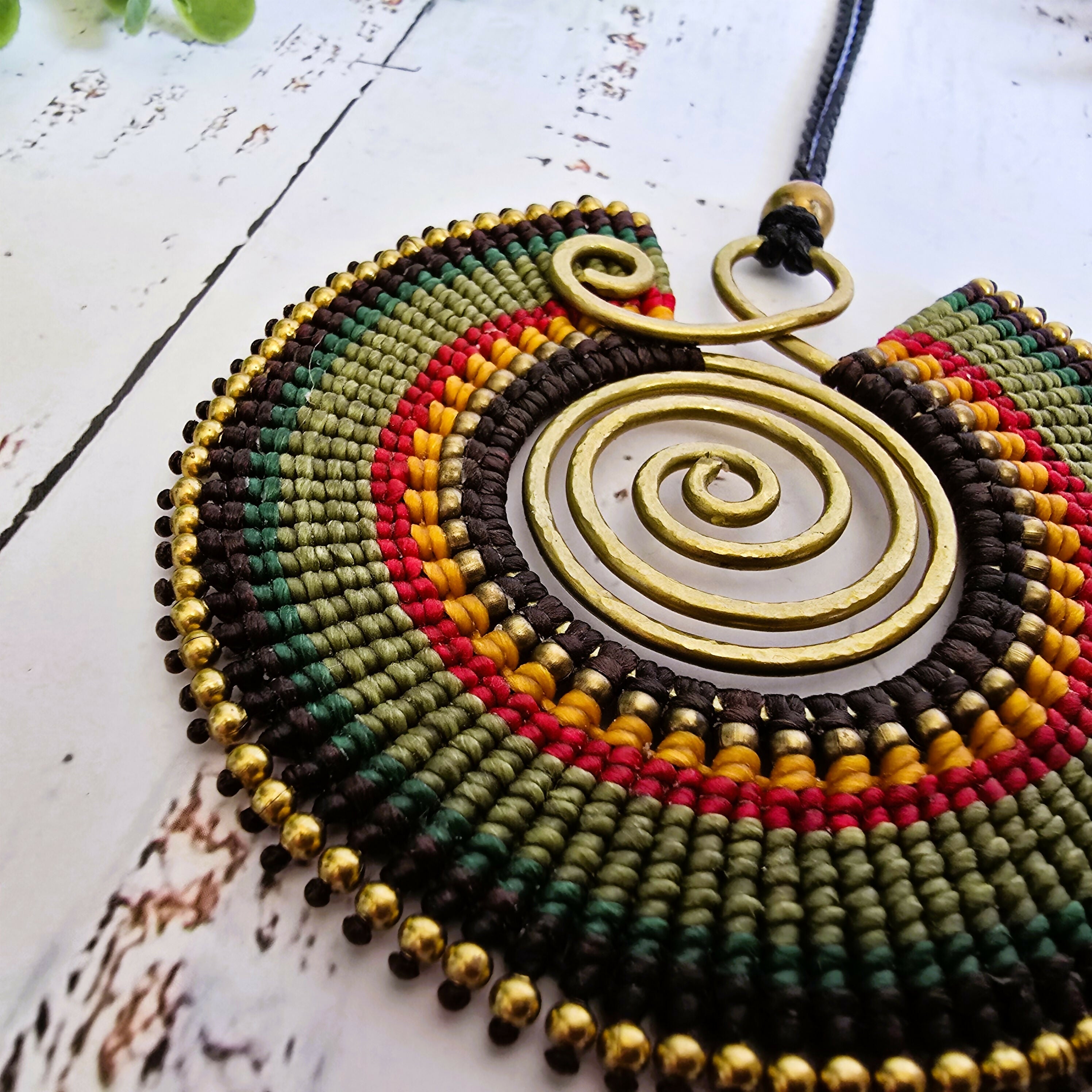 Large Green Macramé Necklace; Full Moon Boho Statement Pendant with Gold Spiral
