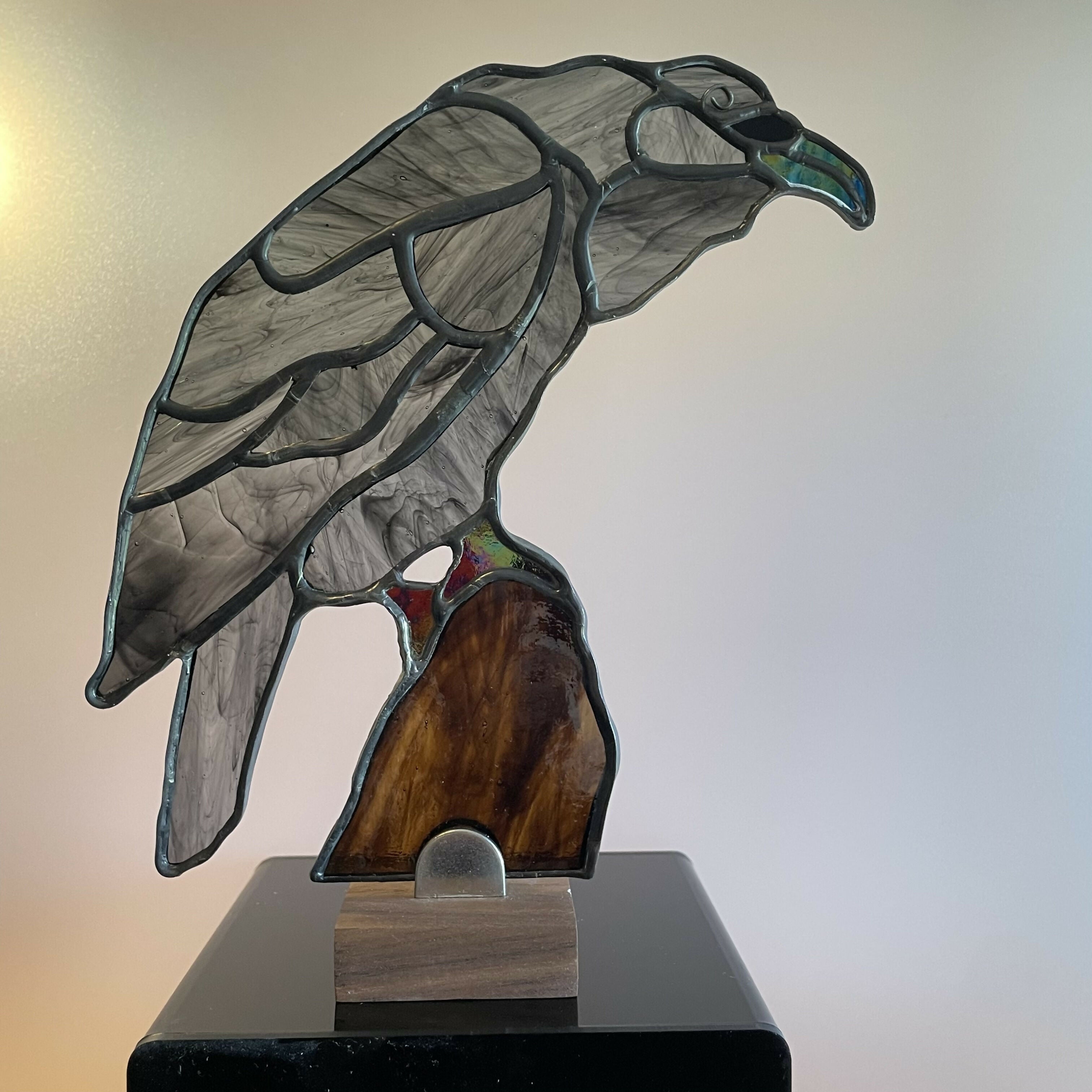 Stained Glass Raven on Wooden Stand