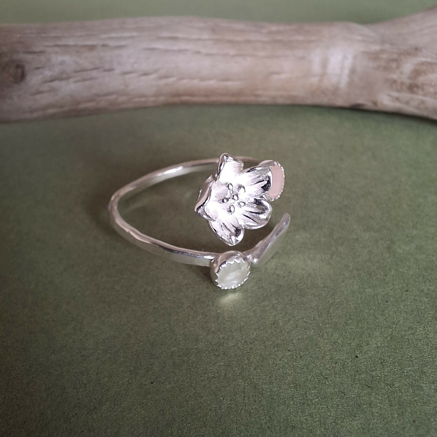 Handmade Adjustable Flower Ring With Moonstone & Prehnite