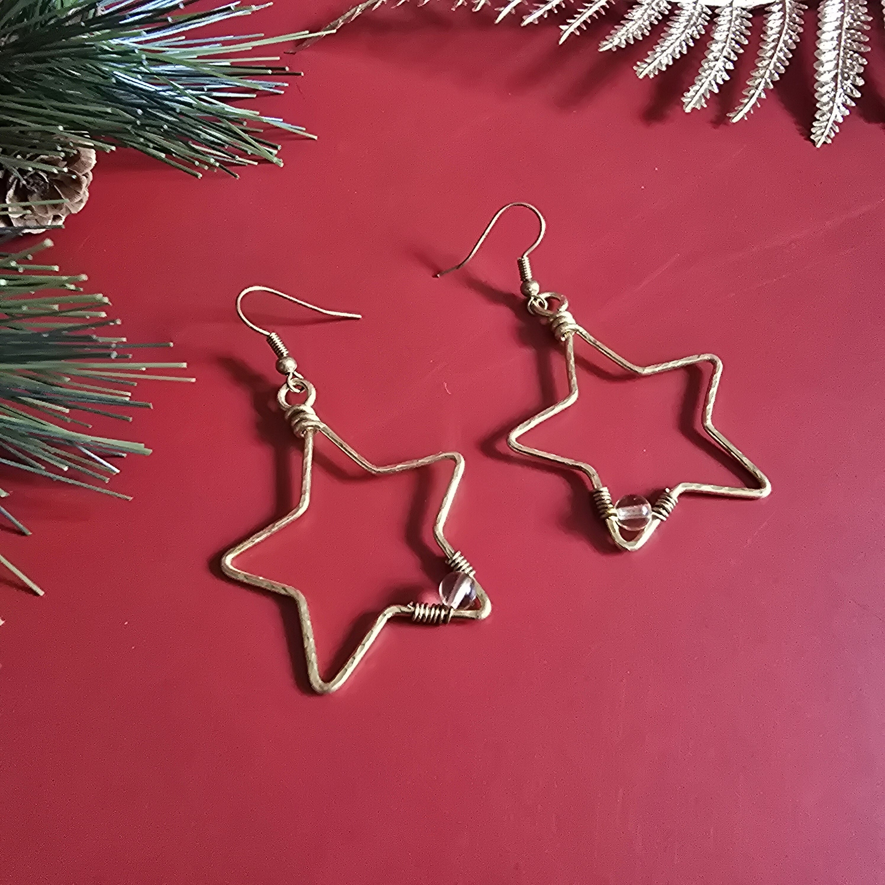 Christmas Gold Star Earrings; Citrine Crystal Celestial Festive Brass Wire Handmade Artisanal Earrings