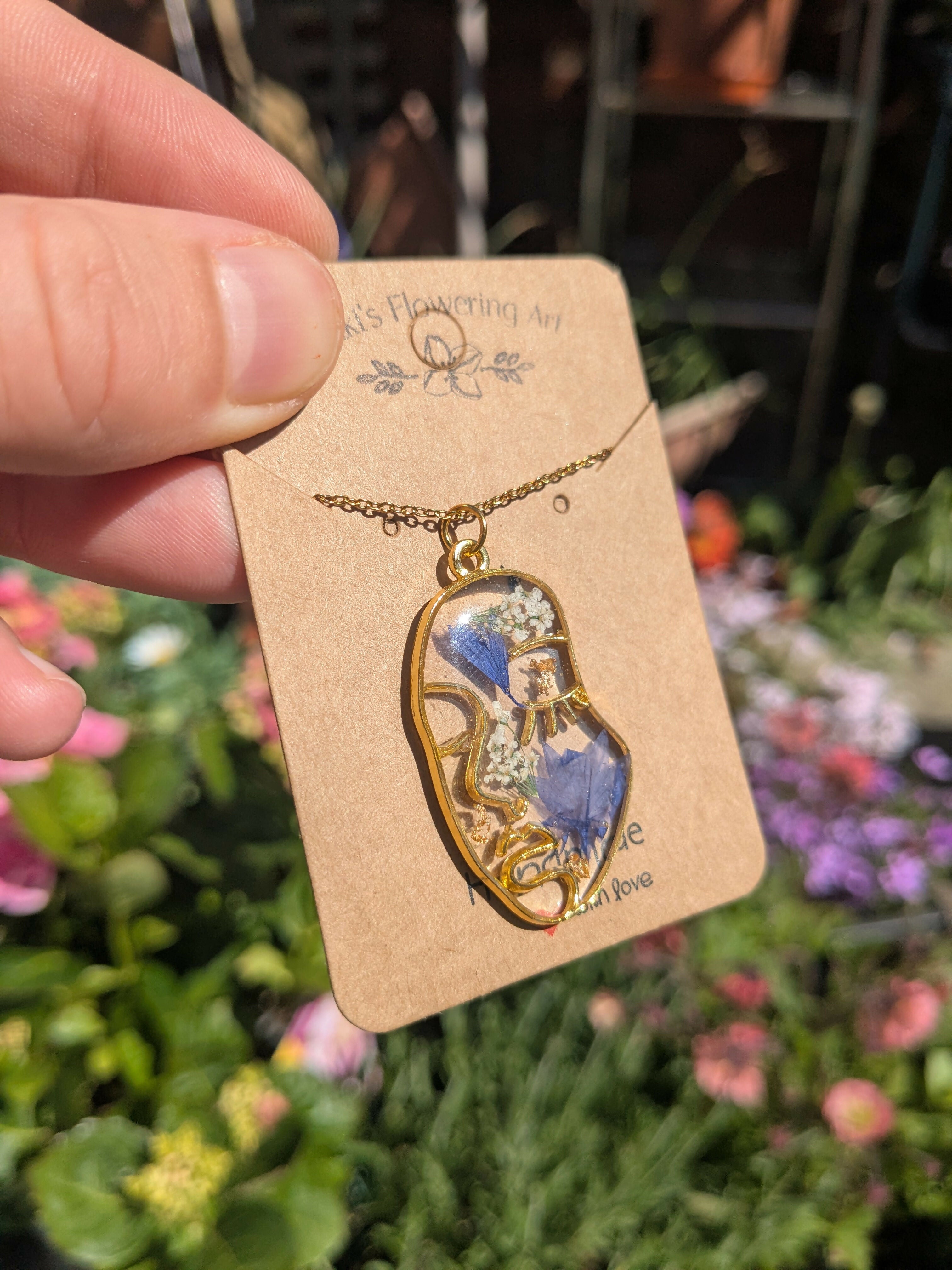 BLUE CORNFLOWER LADY FACE NECKLACE