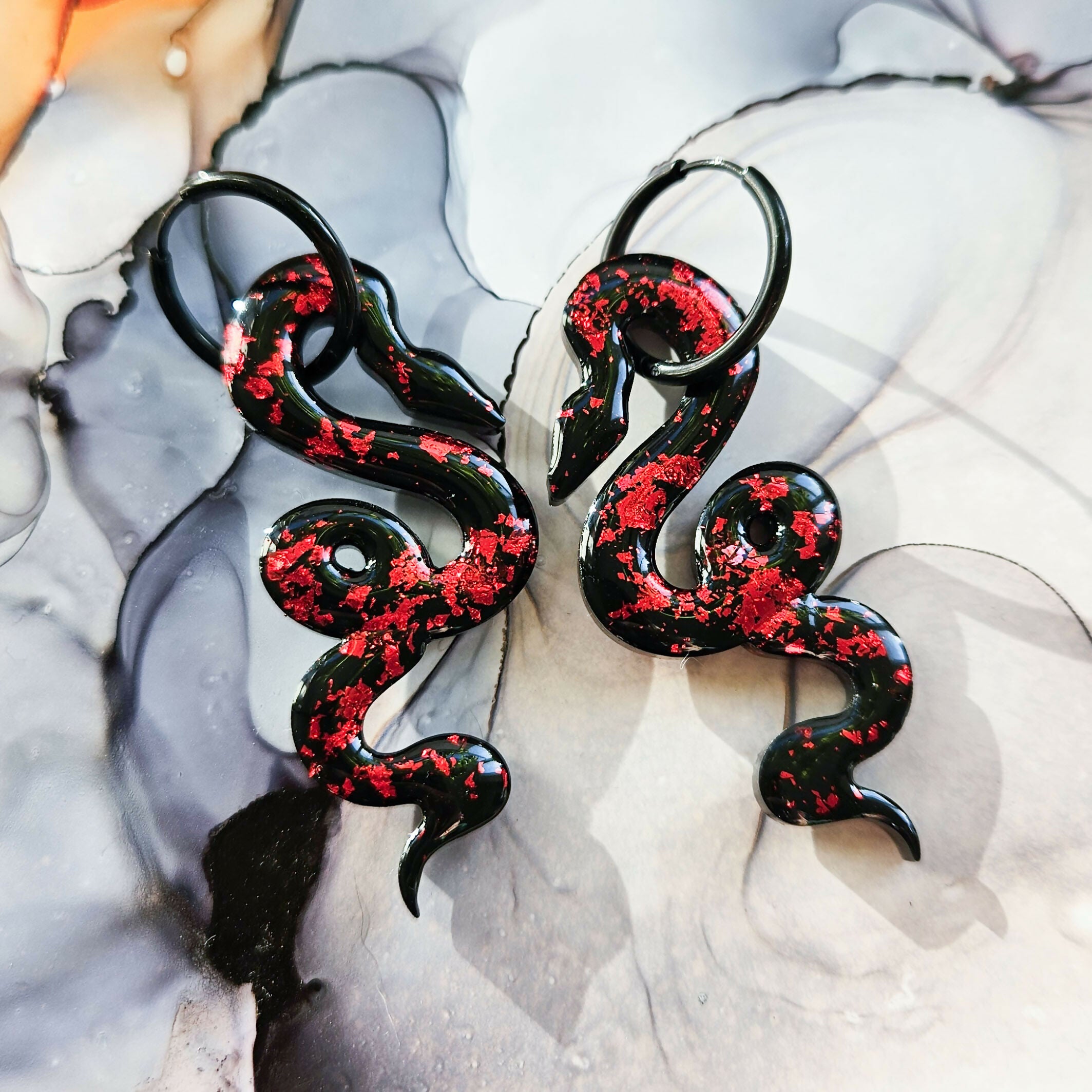 Handmade Red And Black Snake Resin Hoop Earrings