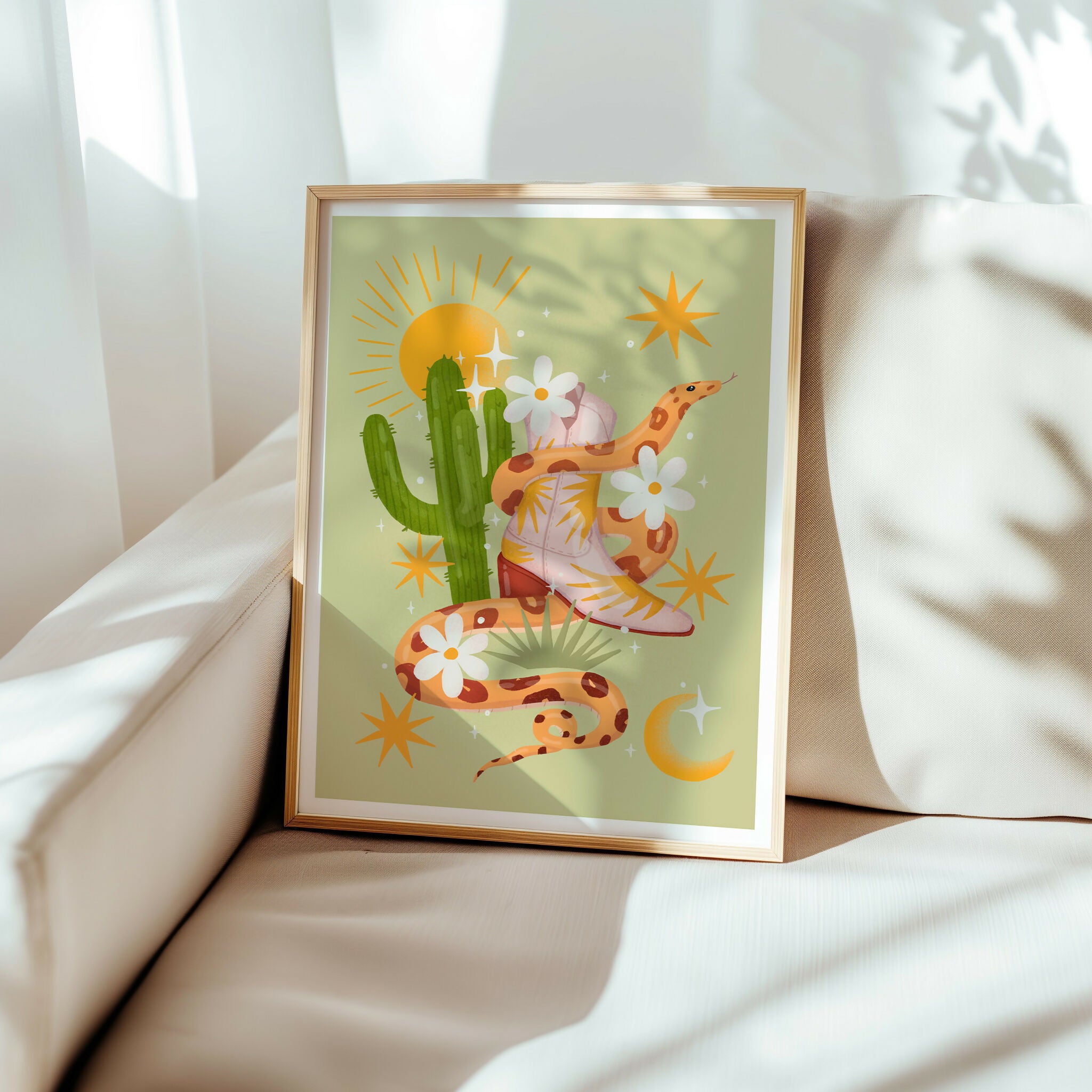 Cowboy Boot & Snake Art Print: Western Home Decor (A4)