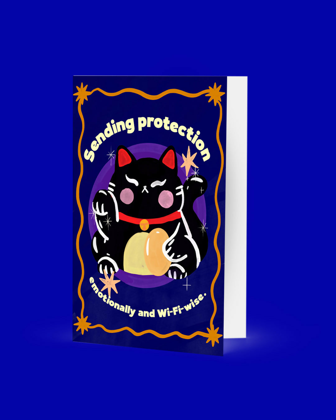 'Sending Protection emotionally and Wi-Fi-Wise" Black lucky Cat Greeting Card