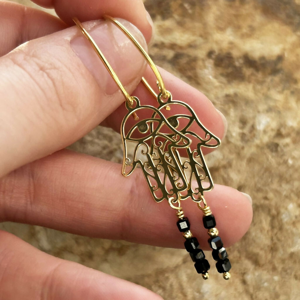Handmade Gold Vermeil Black Spinel Hamsa Hand Earrings
