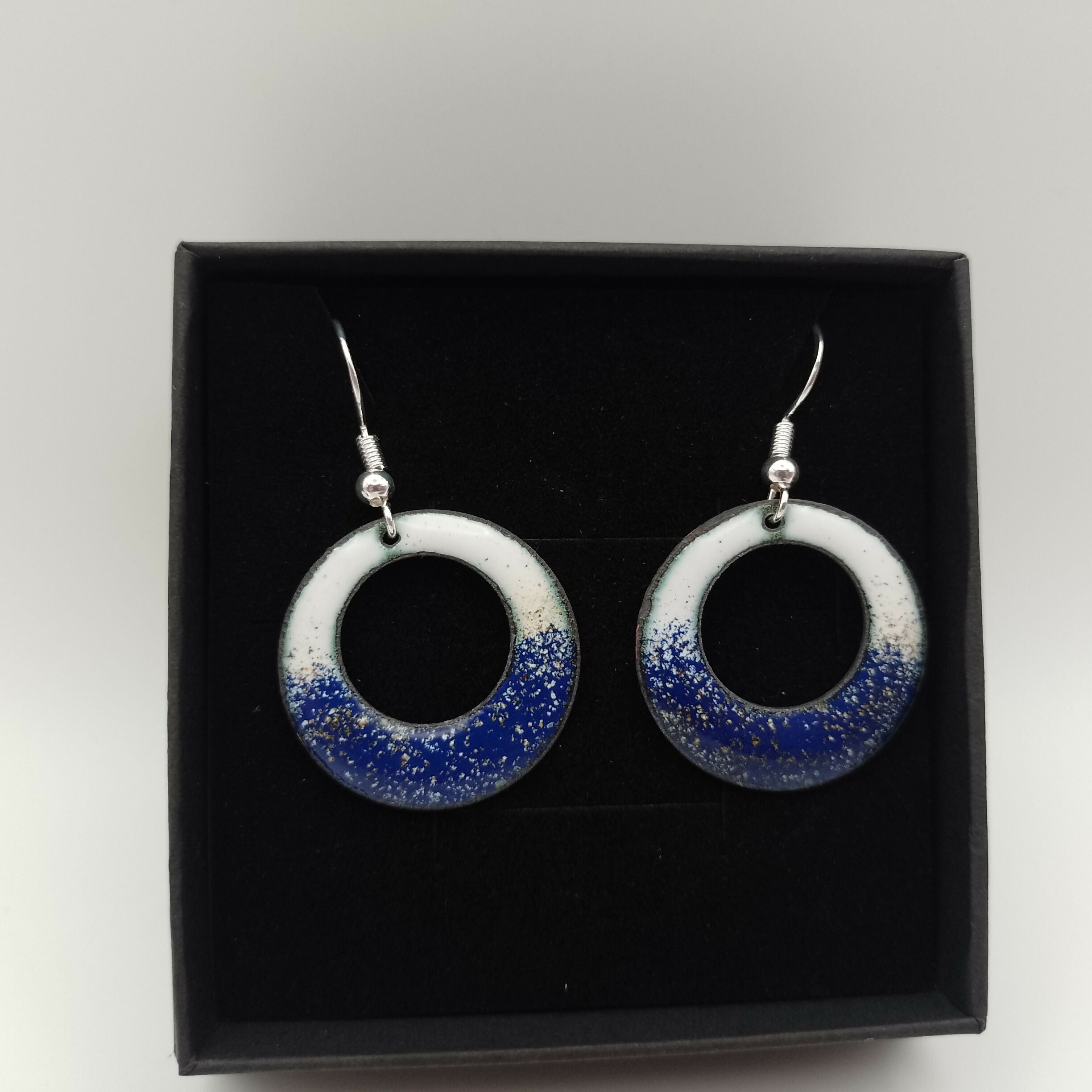 White and Dark Blue Enamel Hoop Earrings