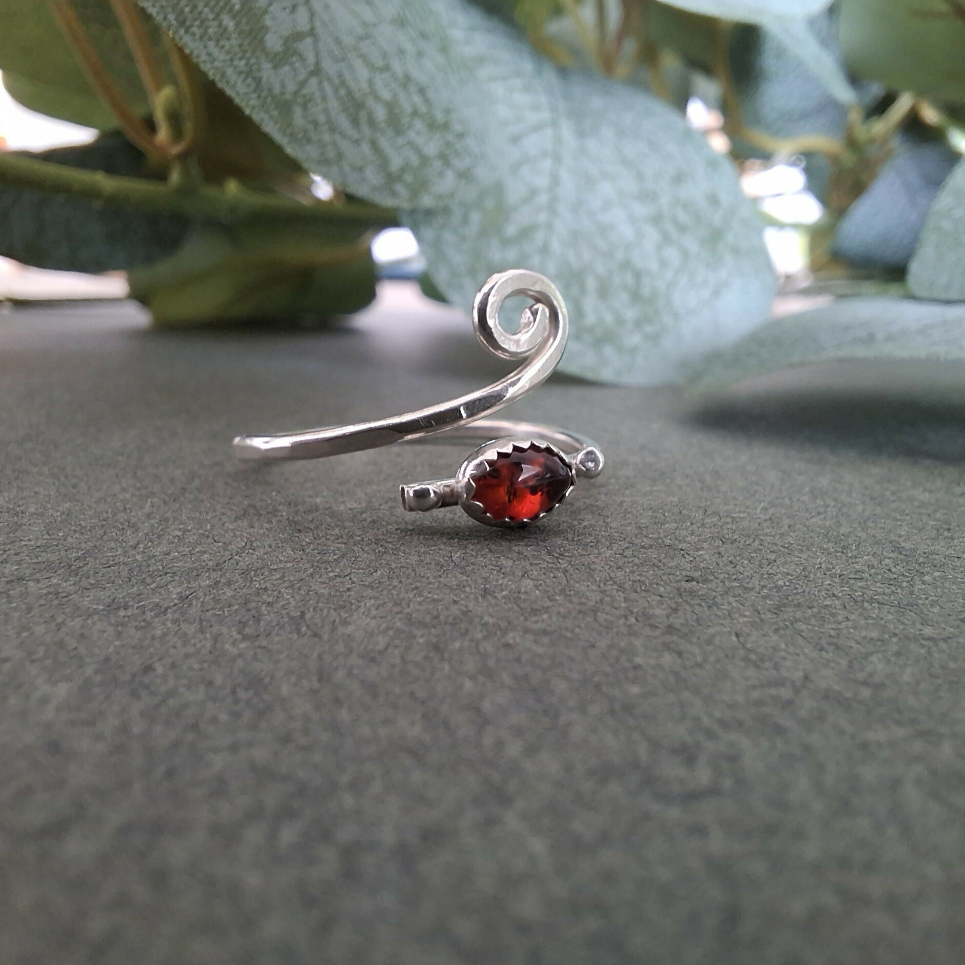 Handmade Adjustable Silver Amber Ring Size R