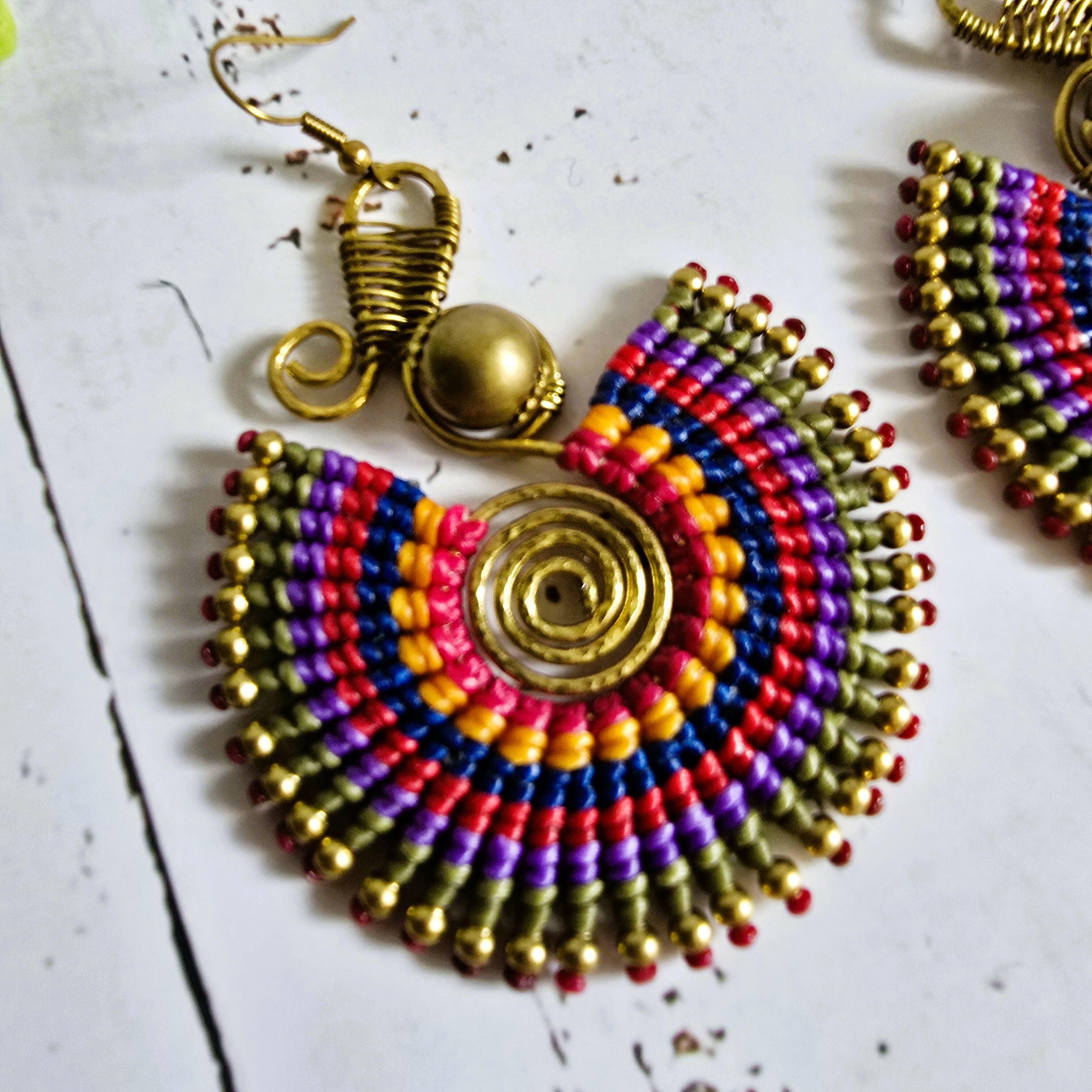 Rainbow Macrame Earrings: Gold Brass Spiral Boho Statement Earrings