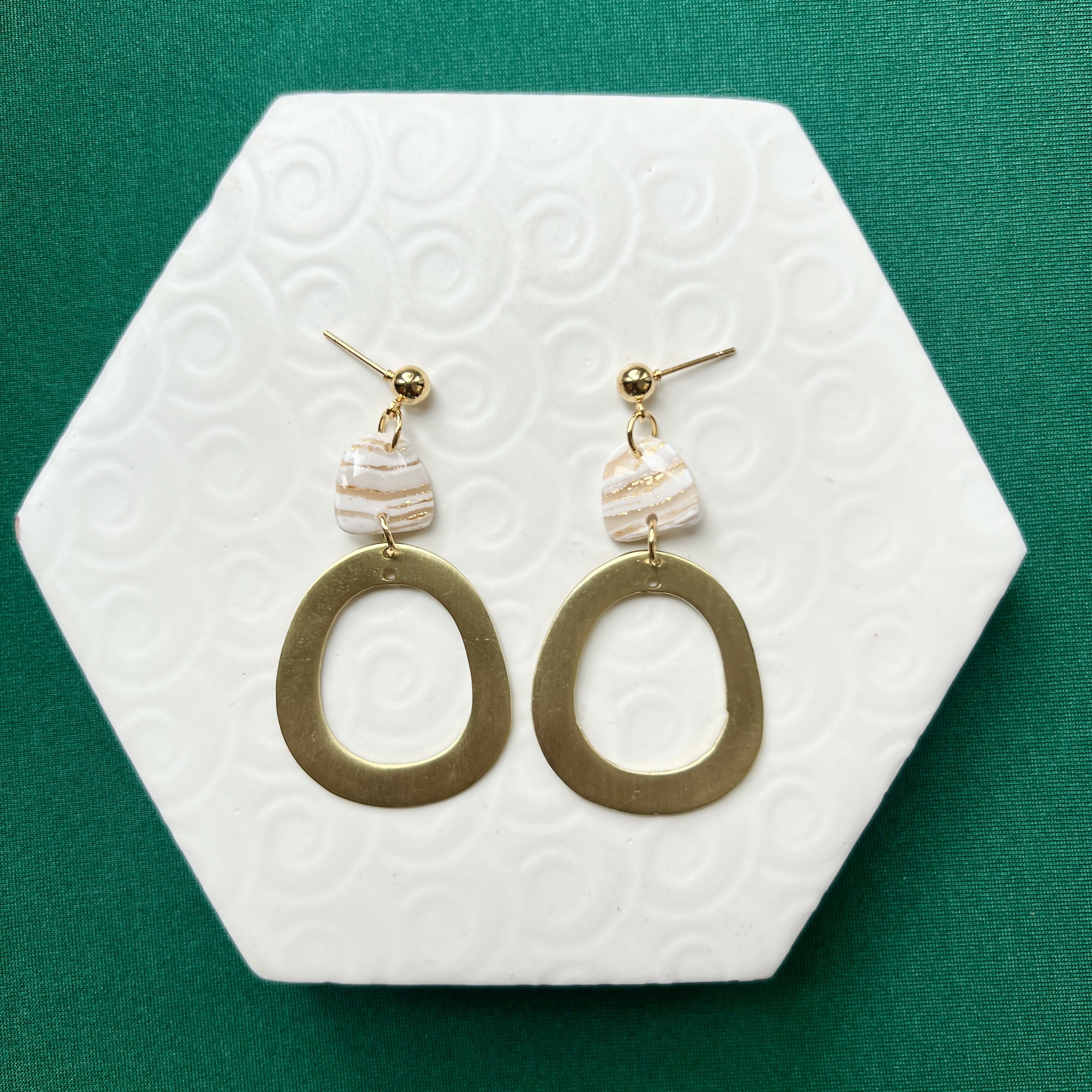 Nia White Stone Marble Effect Polymer Clay & Brass Statement Earrings