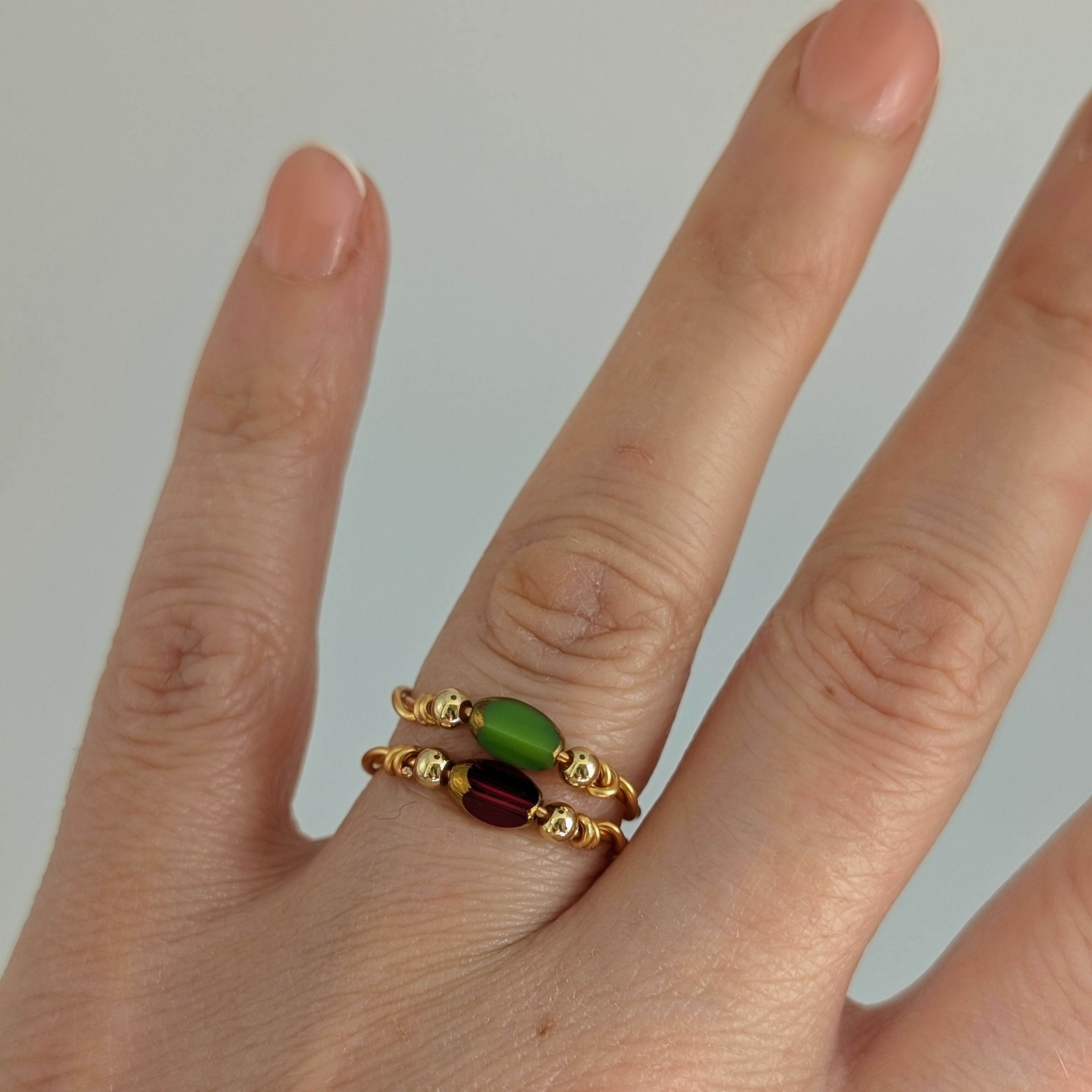 SIZE MEDIUM Glass Bead Gold Plated Wire Rings in an Array of Colours