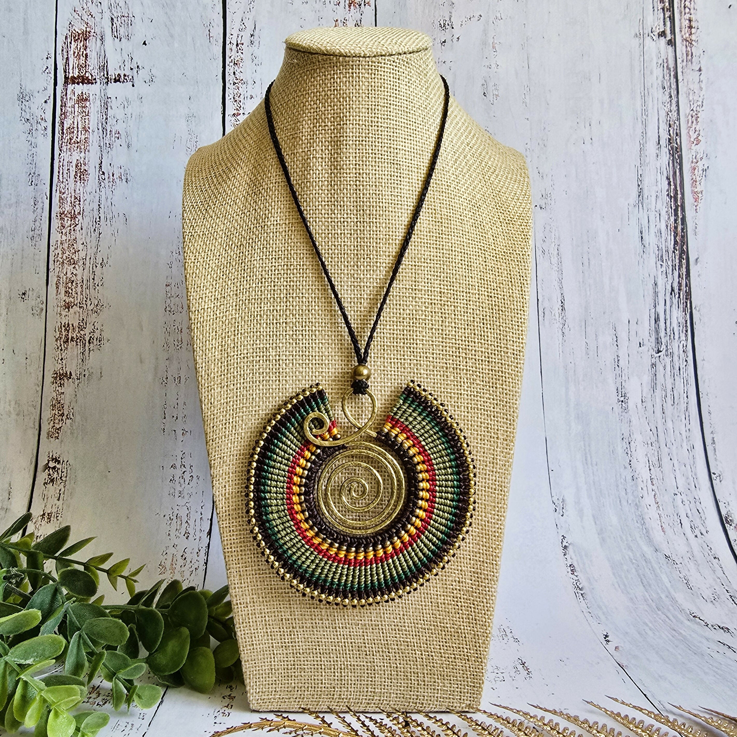 Large Green Macramé Necklace; Full Moon Boho Statement Pendant with Gold Spiral