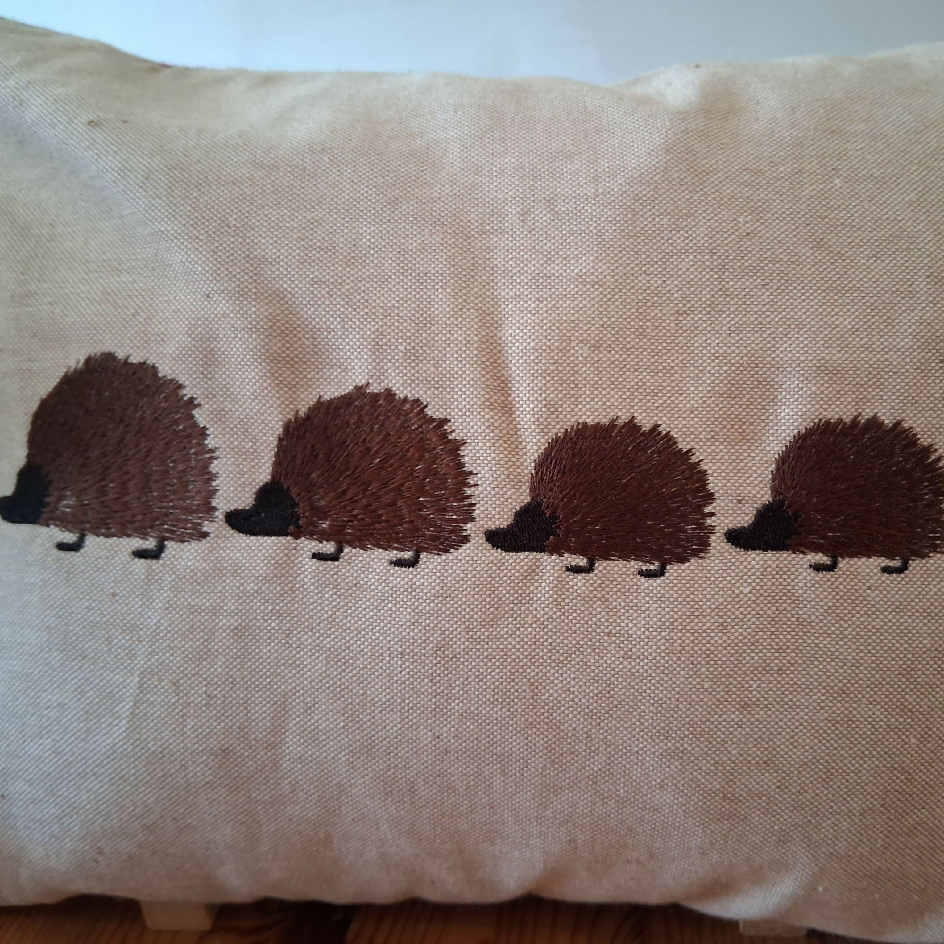 Hedgehog Family Natural Linen Look Bolster Cushion - Handmade and Embroidered