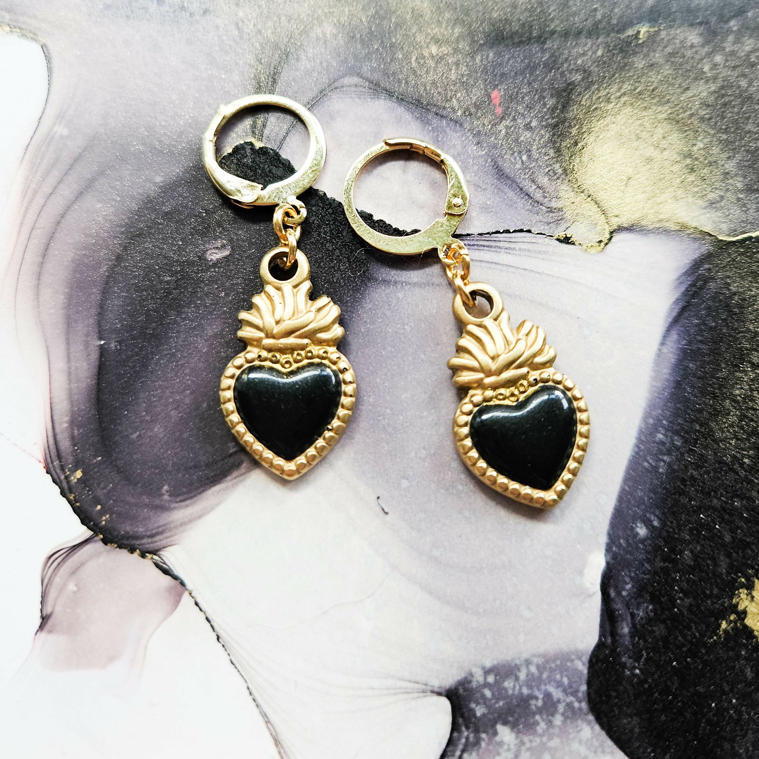 Handmade Black And Gold Sacred Hearts Resin Charms On Huggie Hoops