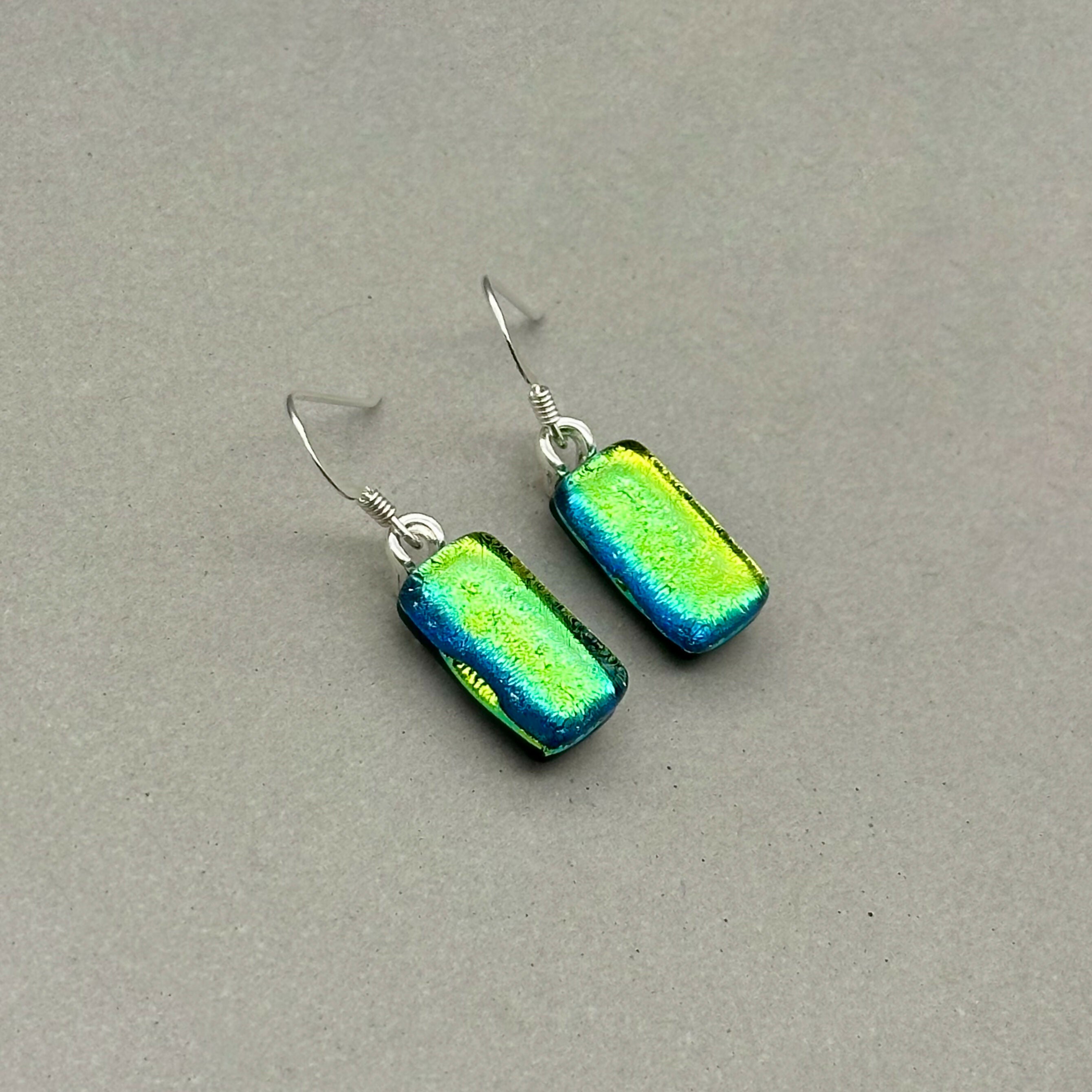 Yellow & Green Dichroic Fused Glass Dangle Sterling Silver Earrings - Handmade by Jade Tapson Glass.