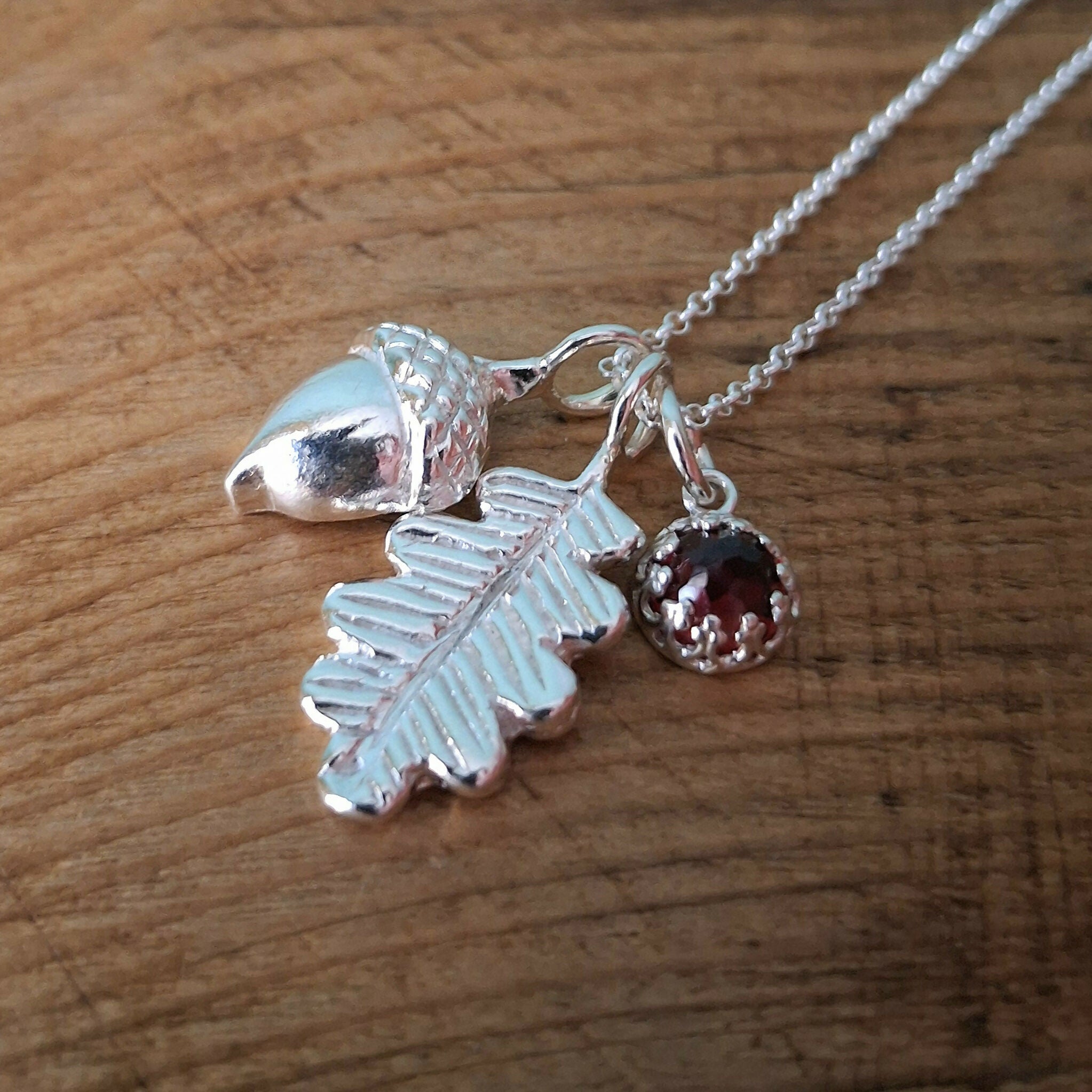 Handmade Large Oak Leaf & Acorn Necklace With Garnet