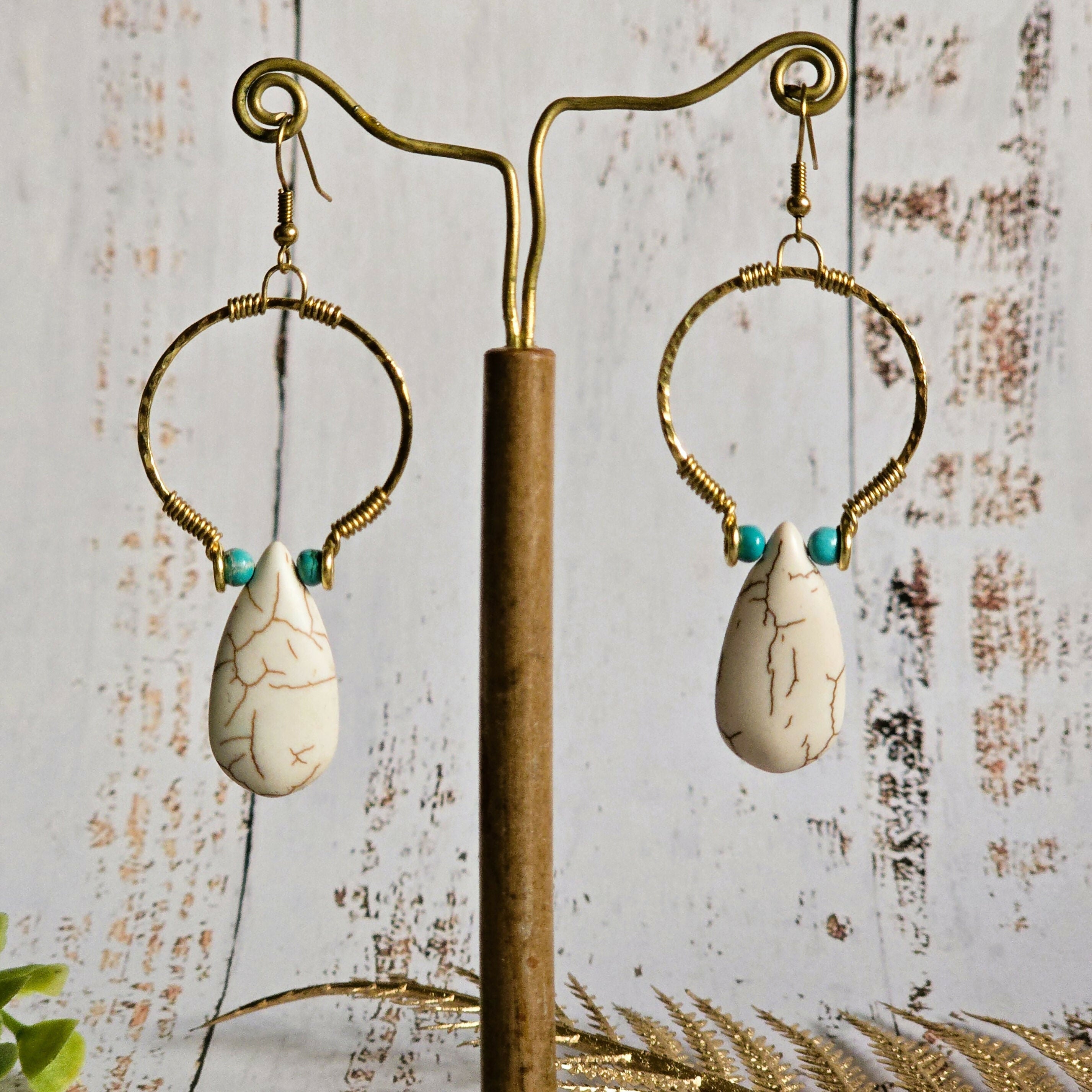 White Howlite Hoop Earrings; Hammered Brass Wire Boho Crystal Turquoise Thai Earrings