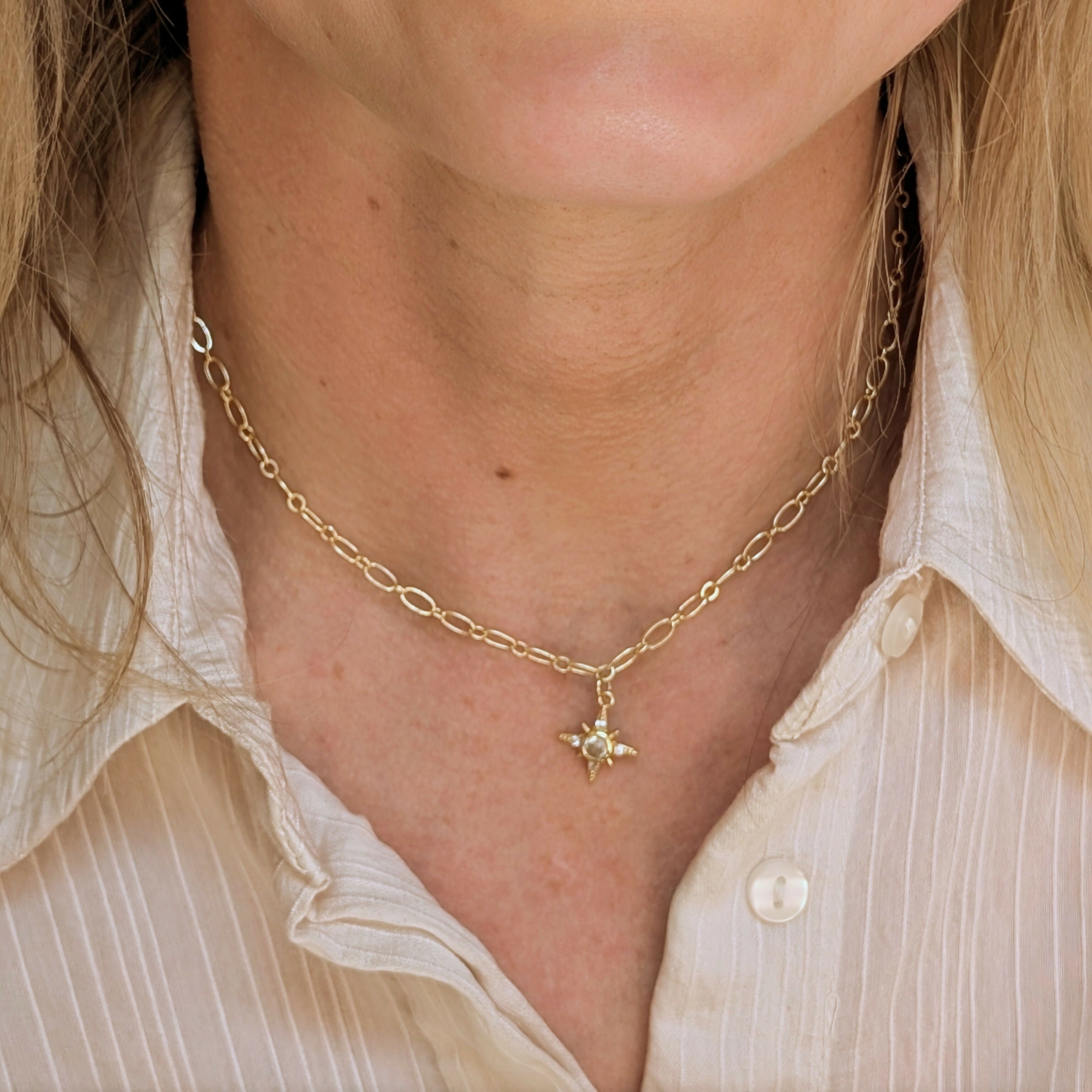 North Star Necklace with Cubic Zirconia Centre on Oval Gold Chain