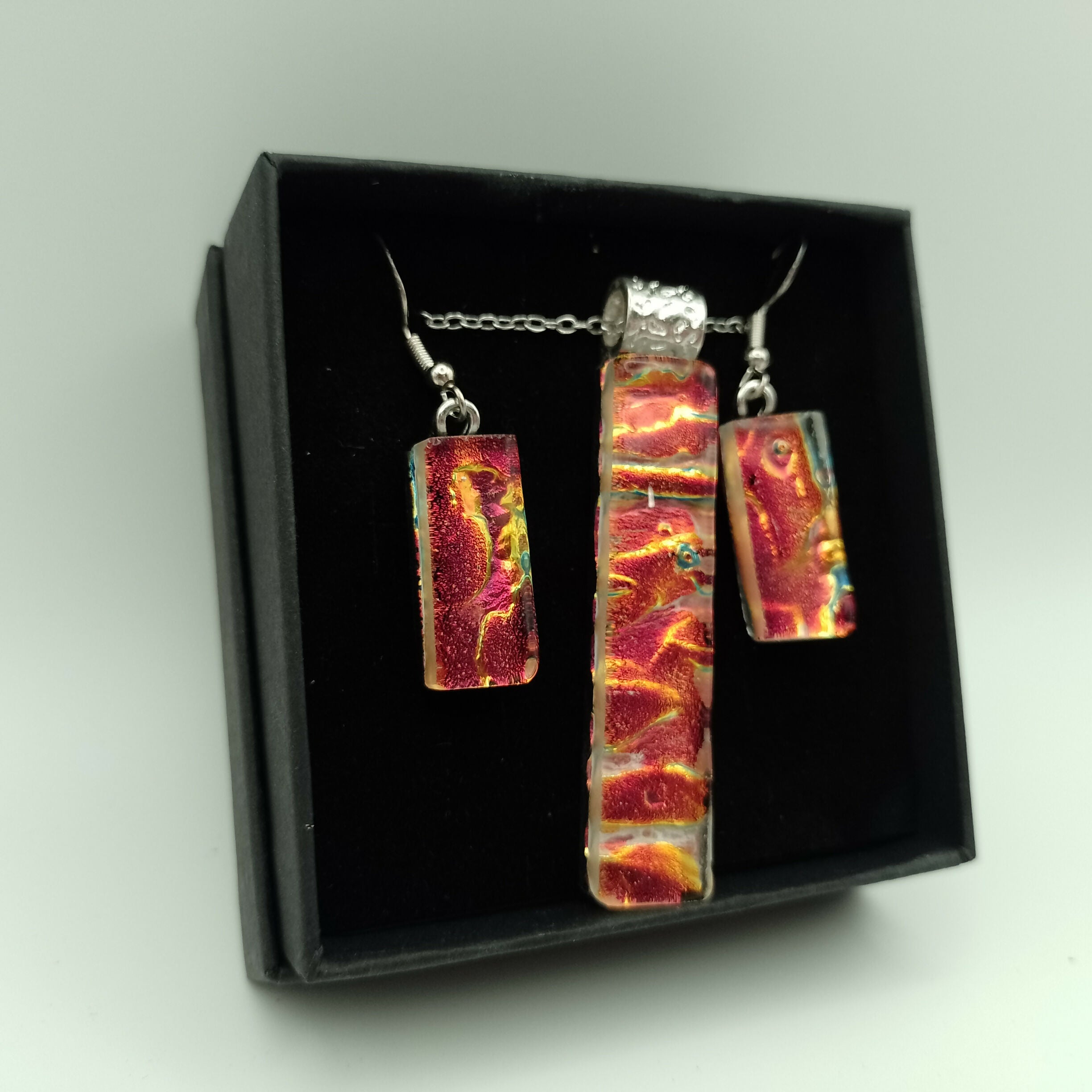 Dichroic Glass Red and Gold Ripple Pendant and Earring Set