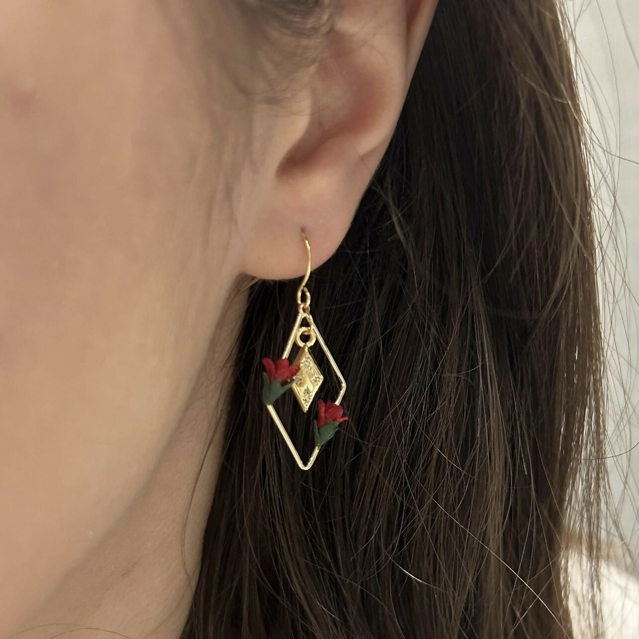 Red Flower Gold Plated Earrings